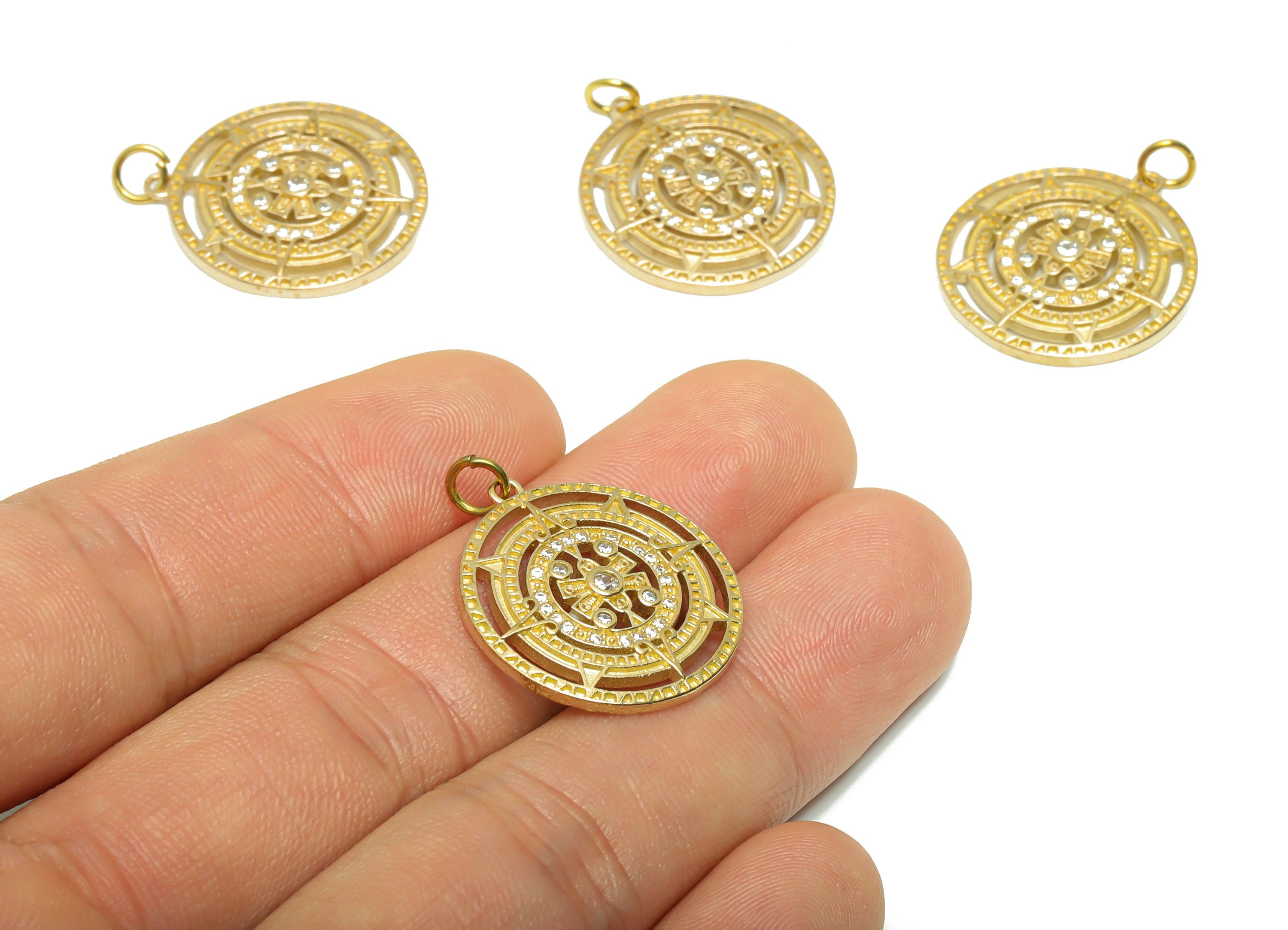 Brass CZ Sun Pendant - Raw Brass Textured Zircon Round Earring Charm - Circle Compass Pendant - 26.6x22.07x2.42mm - PP9589 - DOMEDBAZAAR
