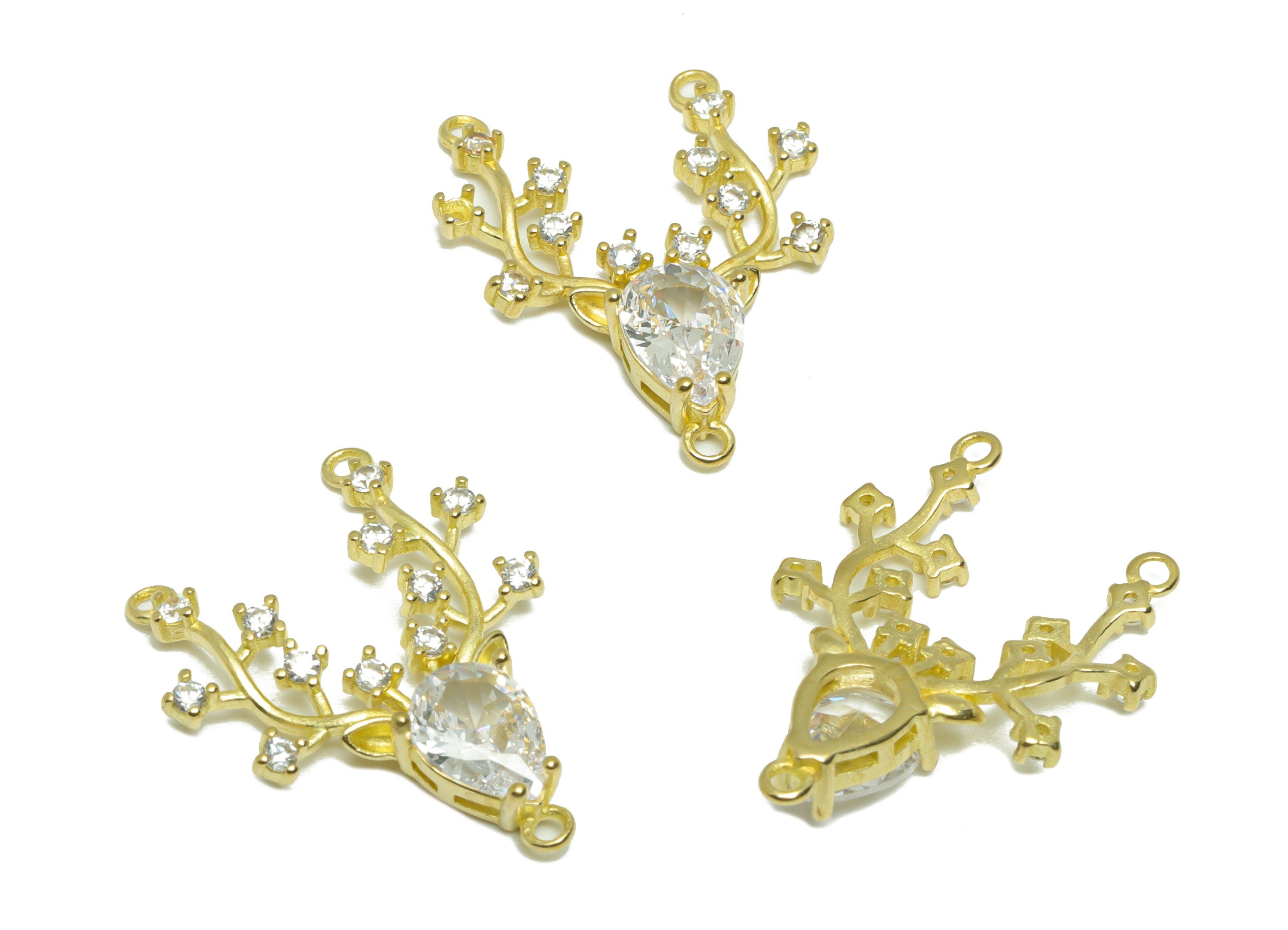 Brass CZ Deer Drop Pendant - Raw Brass Antlers Teardrop Zircon Earring Charm - Zircon Connector - Deer Necklace Charm - 24x17x4mm - PP9547 - DOMEDBAZAAR