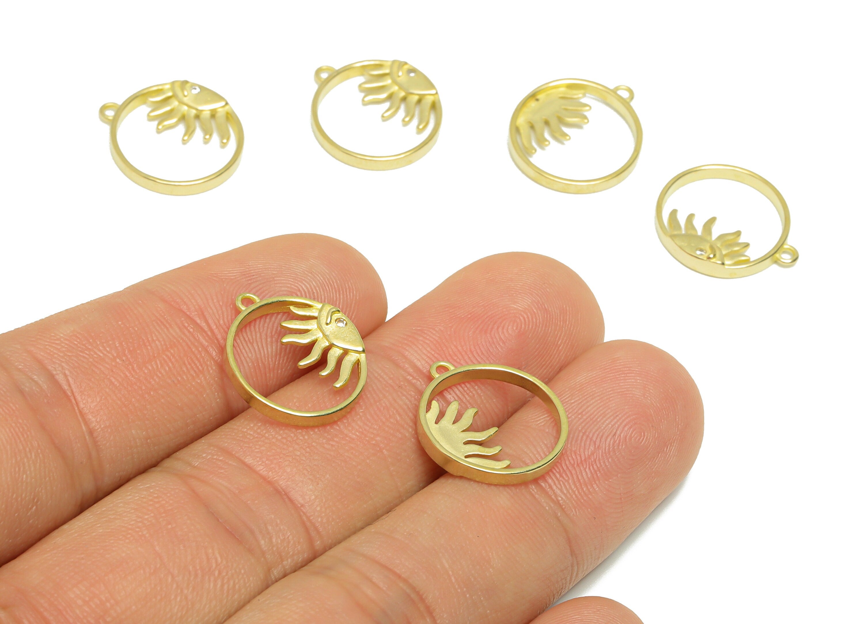 Brass CZ Sun Earring Charm - Raw Brass Sunshine Earring Charm - Brass Cubic Zircon Pendant - Round Zircon Pendant - 17.4x14.6x1.8mm - PP9570 - DOMEDBAZAAR