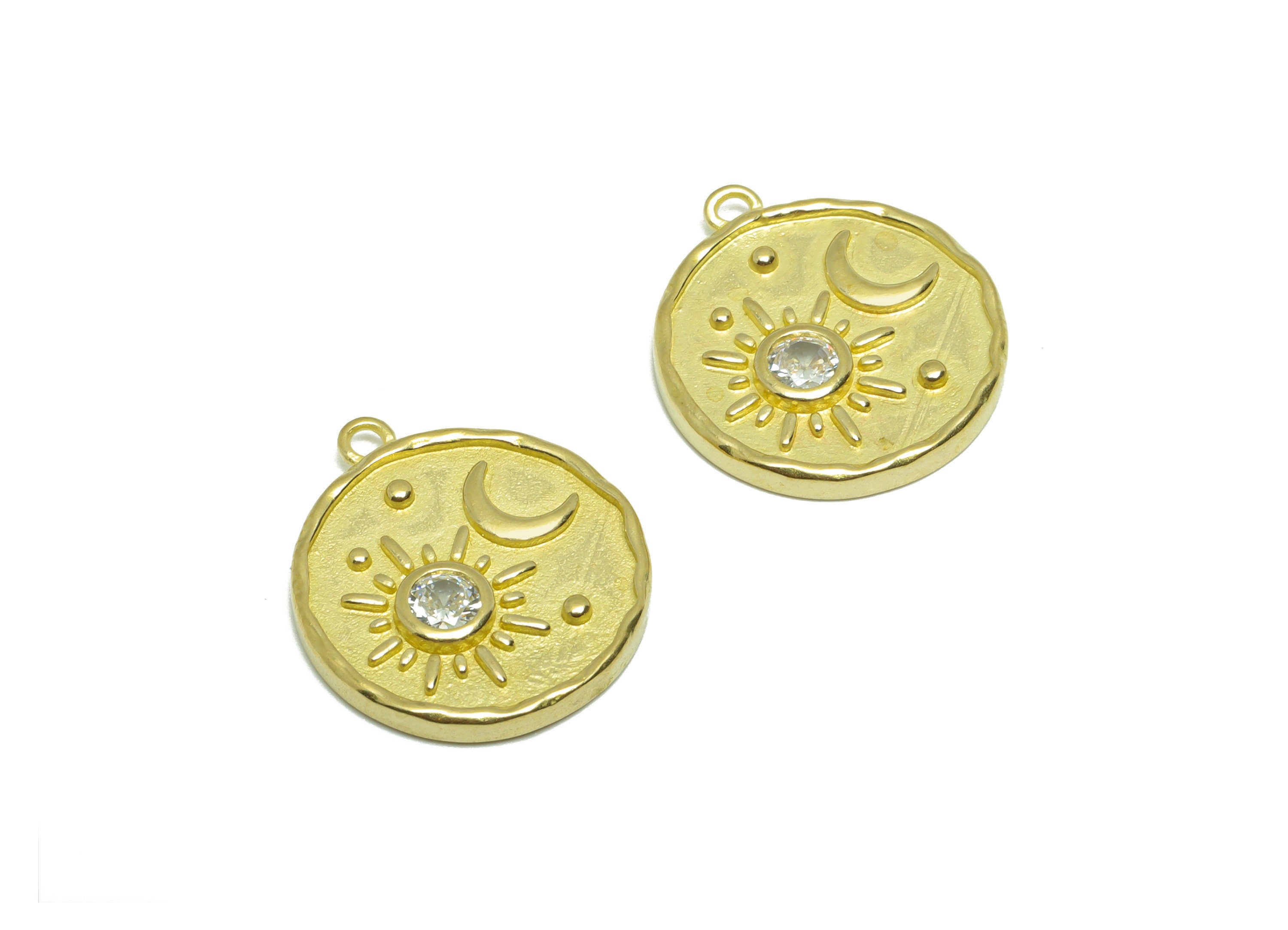 Brass Crescent Earring Charm - Raw Brass Sun Earring Charm - Brass Space Zircon Pendant - CZ Celestial Round Charm - 19.2x17x2.4mm - PP9576 - DOMEDBAZAAR