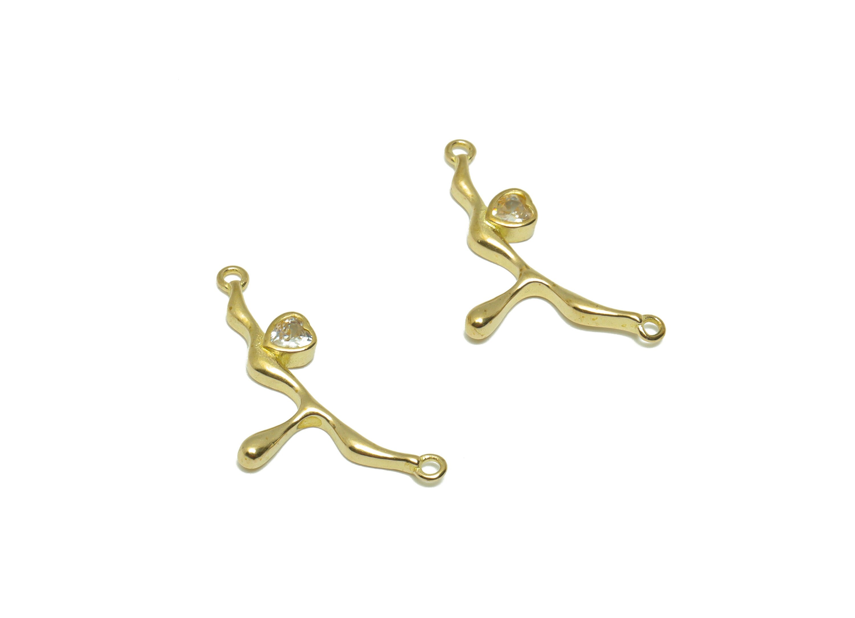 CZ Melting Heart Pendant - Raw Brass Cubic Zircon Melt Heart Connector - Brass Heart Melting Necklace Charm - 24.7x11.39x2.3mm - PP9549 - DOMEDBAZAAR