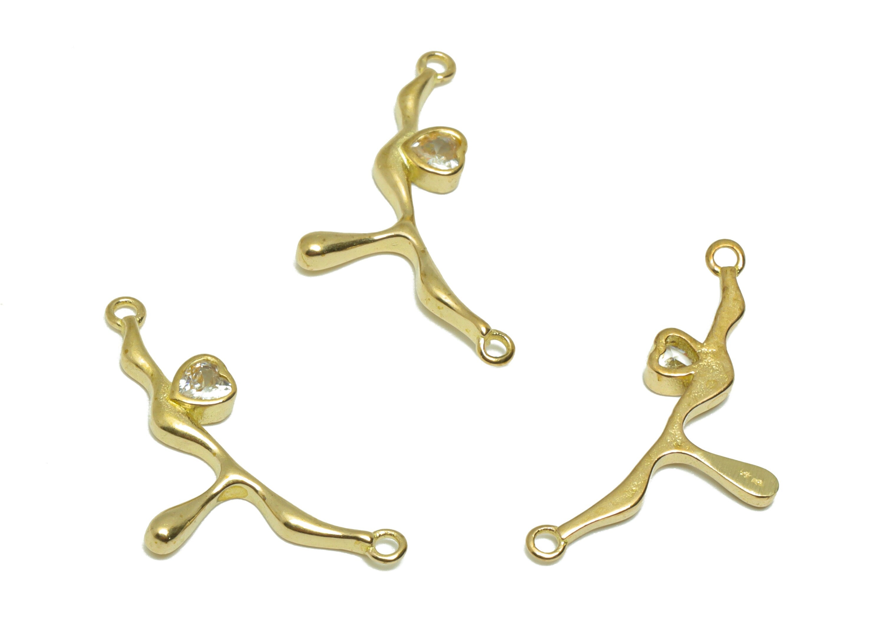 CZ Melting Heart Pendant - Raw Brass Cubic Zircon Melt Heart Connector - Brass Heart Melting Necklace Charm - 24.7x11.39x2.3mm - PP9549 - DOMEDBAZAAR