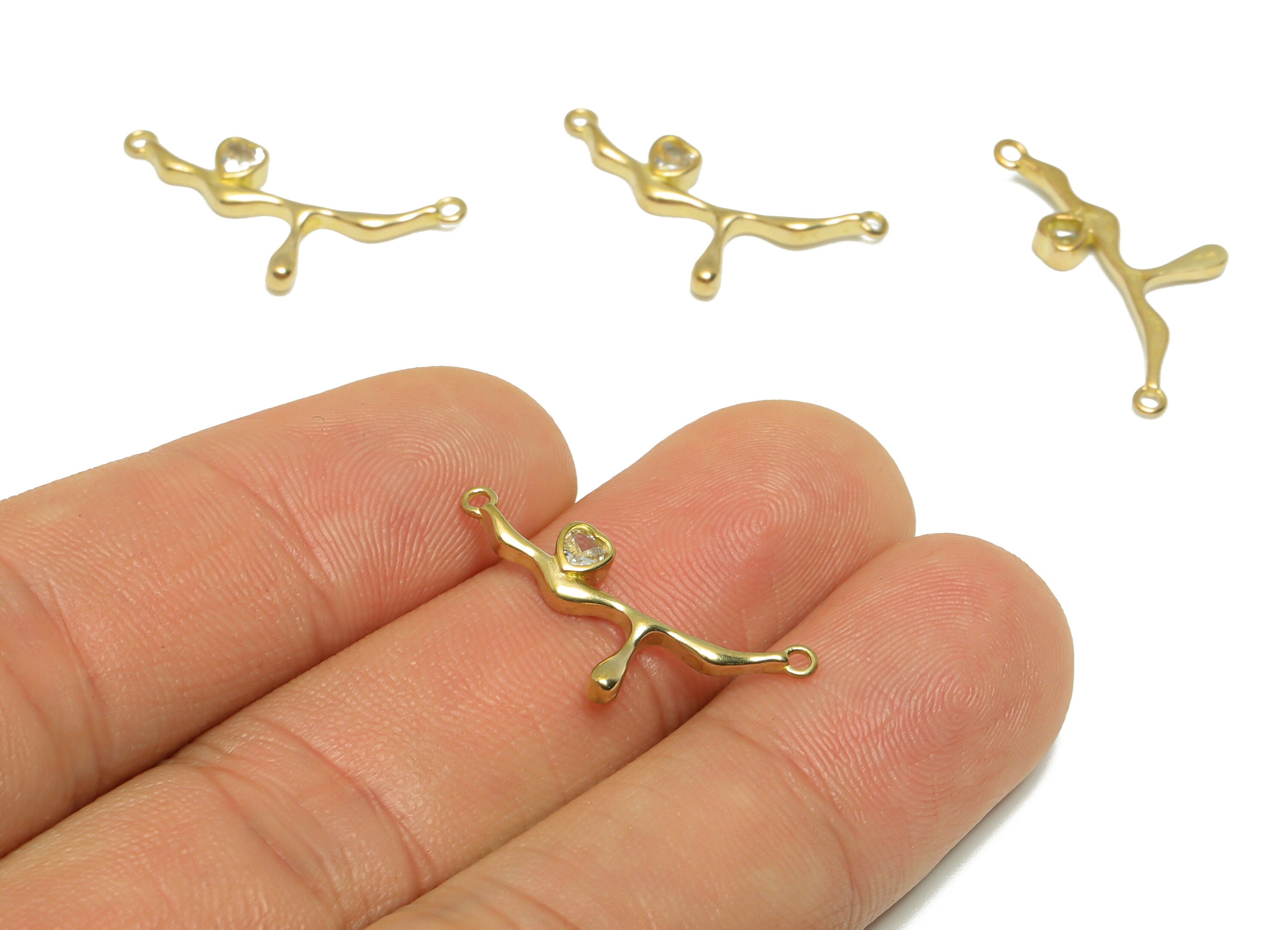 CZ Melting Heart Pendant - Raw Brass Cubic Zircon Melt Heart Connector - Brass Heart Melting Necklace Charm - 24.7x11.39x2.3mm - PP9549 - DOMEDBAZAAR