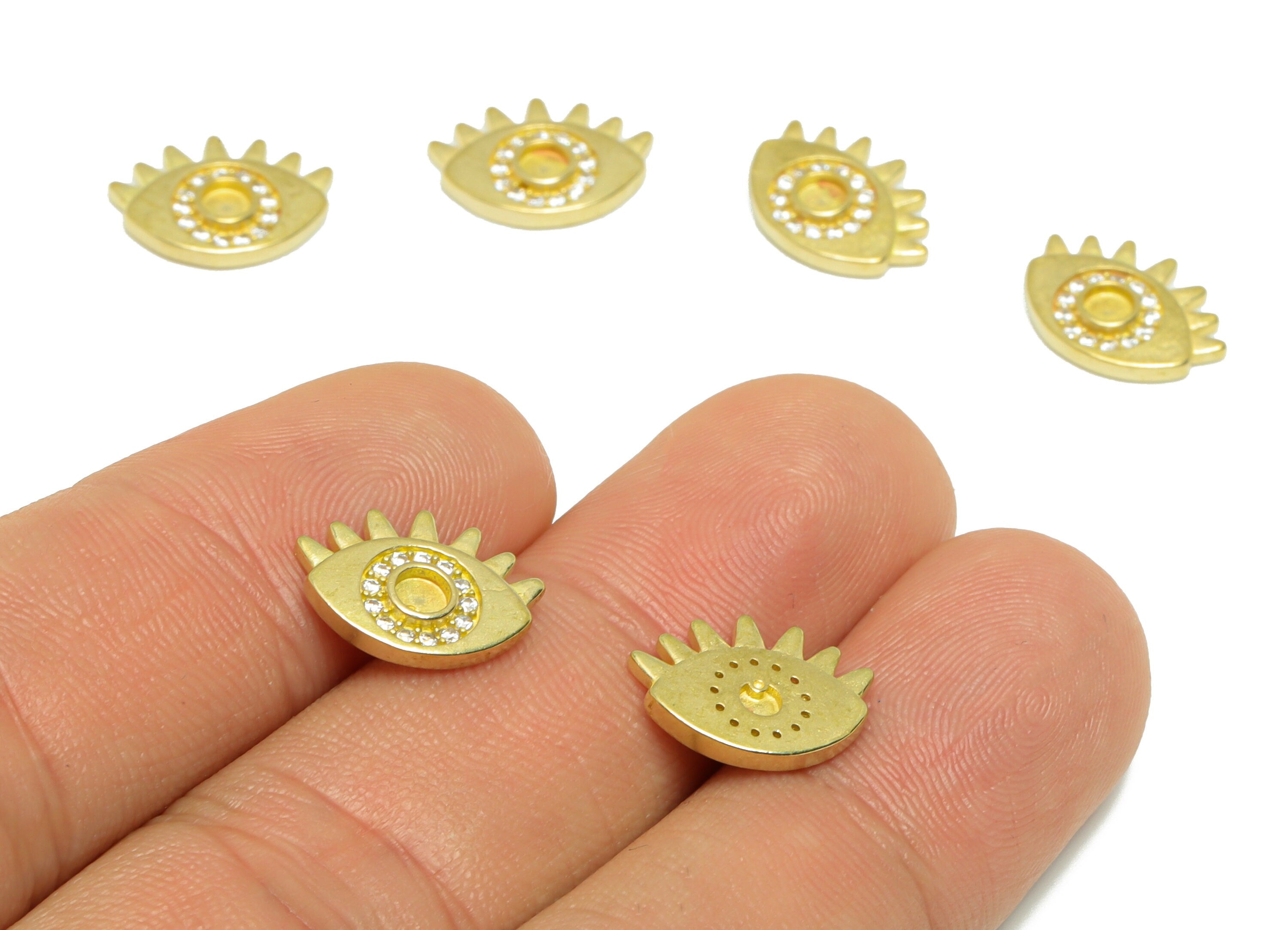 Brass CZ Eye Earring Charm - Raw Brass Eyelash Earring Charm - Brass Eye Cubic Zircon Charm - Eyelash Pendant - 13.5x10.1x2.28mm - PP9554 - DOMEDBAZAAR