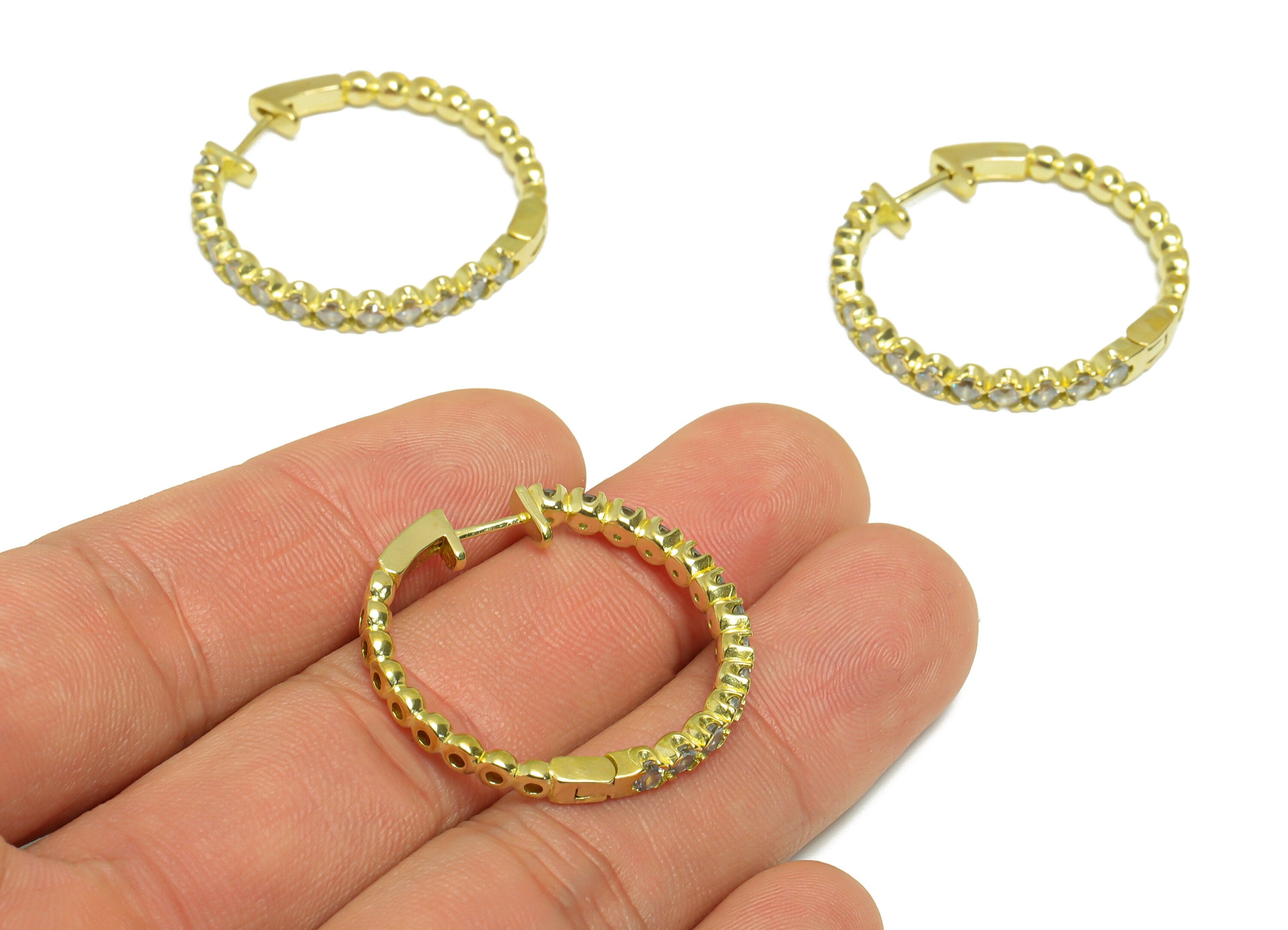 Brass CZ Round Huggie Hoop Earring - Raw Brass Cubic Zircon Hoop Clasp Huggie Earring - Brass Huggie Hoop Earring - 27.2x30x3.22mm - PP9519 - DOMEDBAZAAR