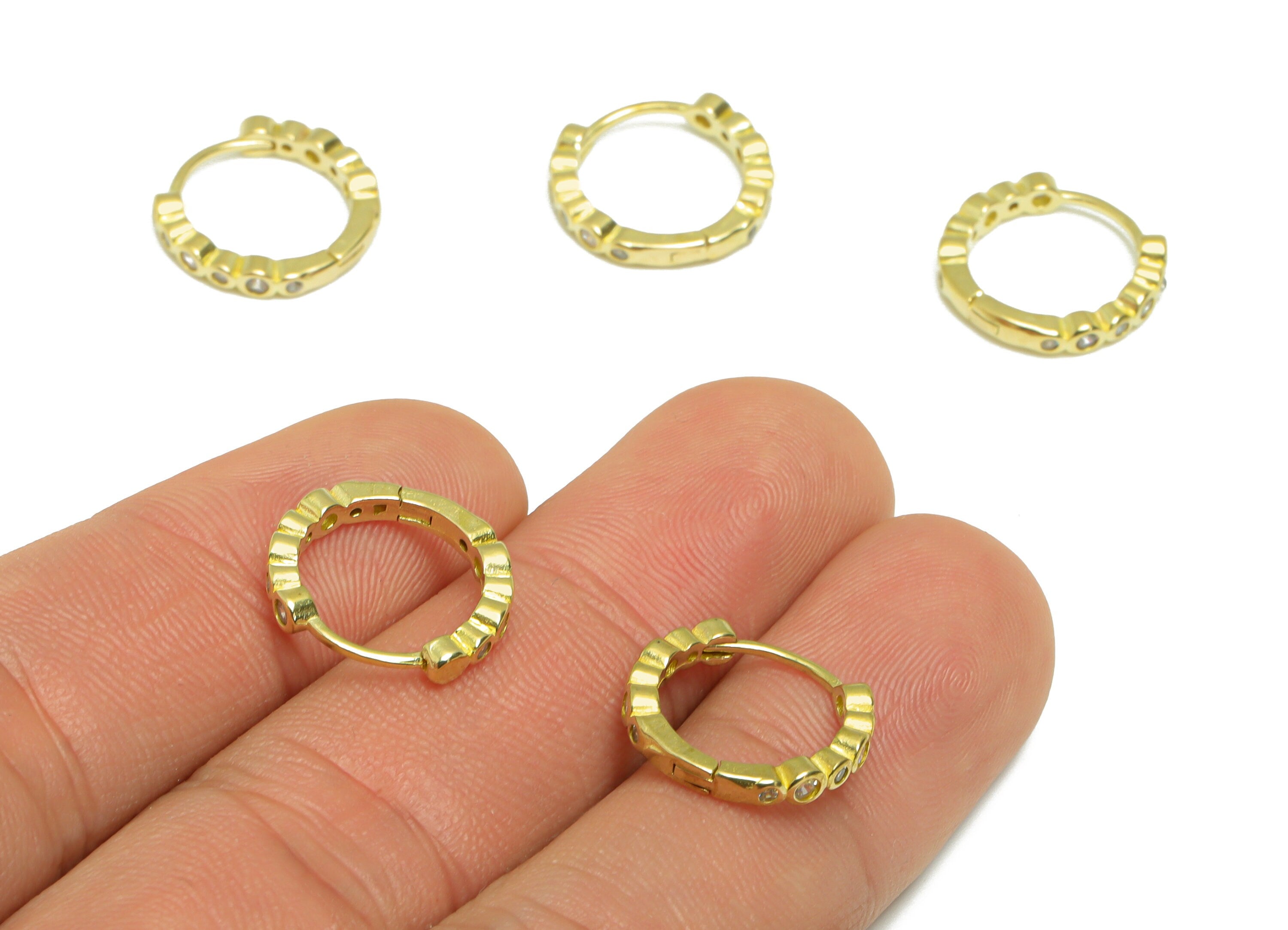 Brass CZ Round Huggie Hoop Earring - Raw Brass Cubic Zircon Hoop Huggie Earring - Brass Beaded Huggie Hoop Earring - 14.10x12x2mm - PP9531 - DOMEDBAZAAR