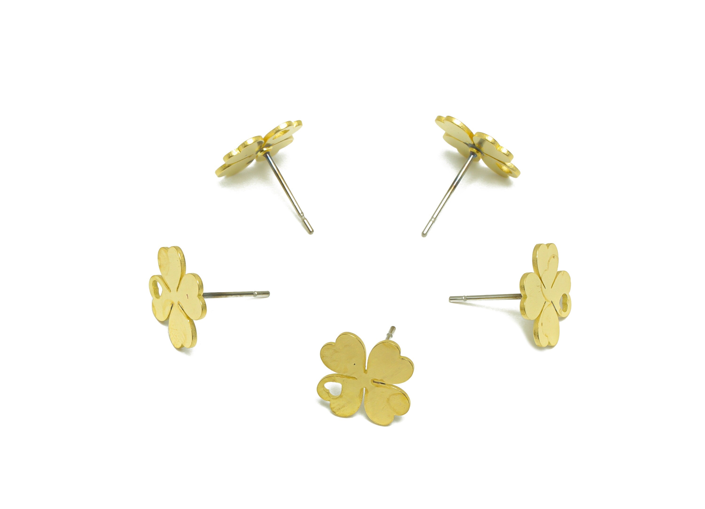 Brass Flower Earring Stud - Raw Brass Four Leaf Clover Earring Post - Brass Heart Leaf Clover Earring Post - 13.1x11x0.7mm - PP9796 - DOMEDBAZAAR
