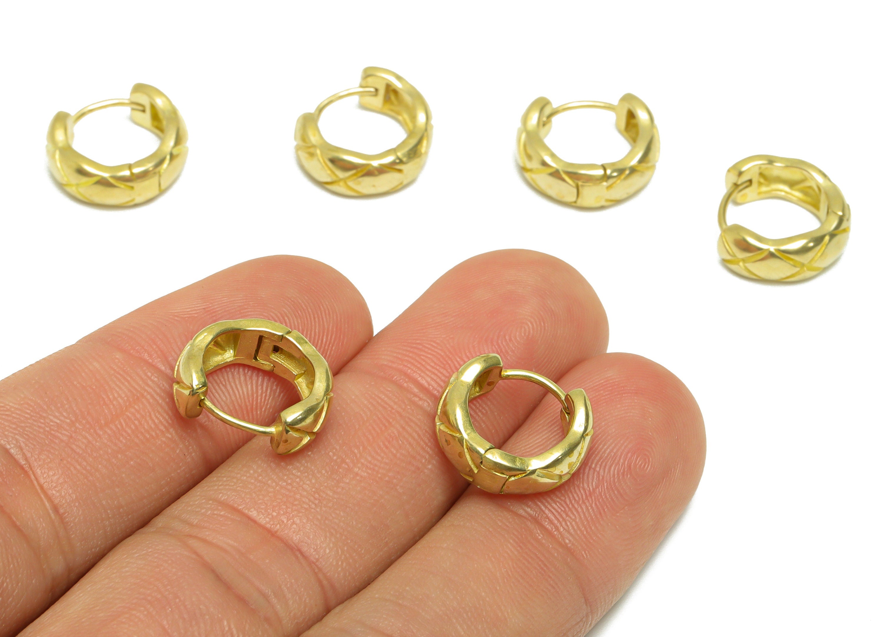14mm Brass Textured Huggie Hoop Earring - Raw Brass Thick Wire Earring Clasp - Brass Round Clasp Hoop Earring - 14x12.7x5.36mm - PP9728 - DOMEDBAZAAR