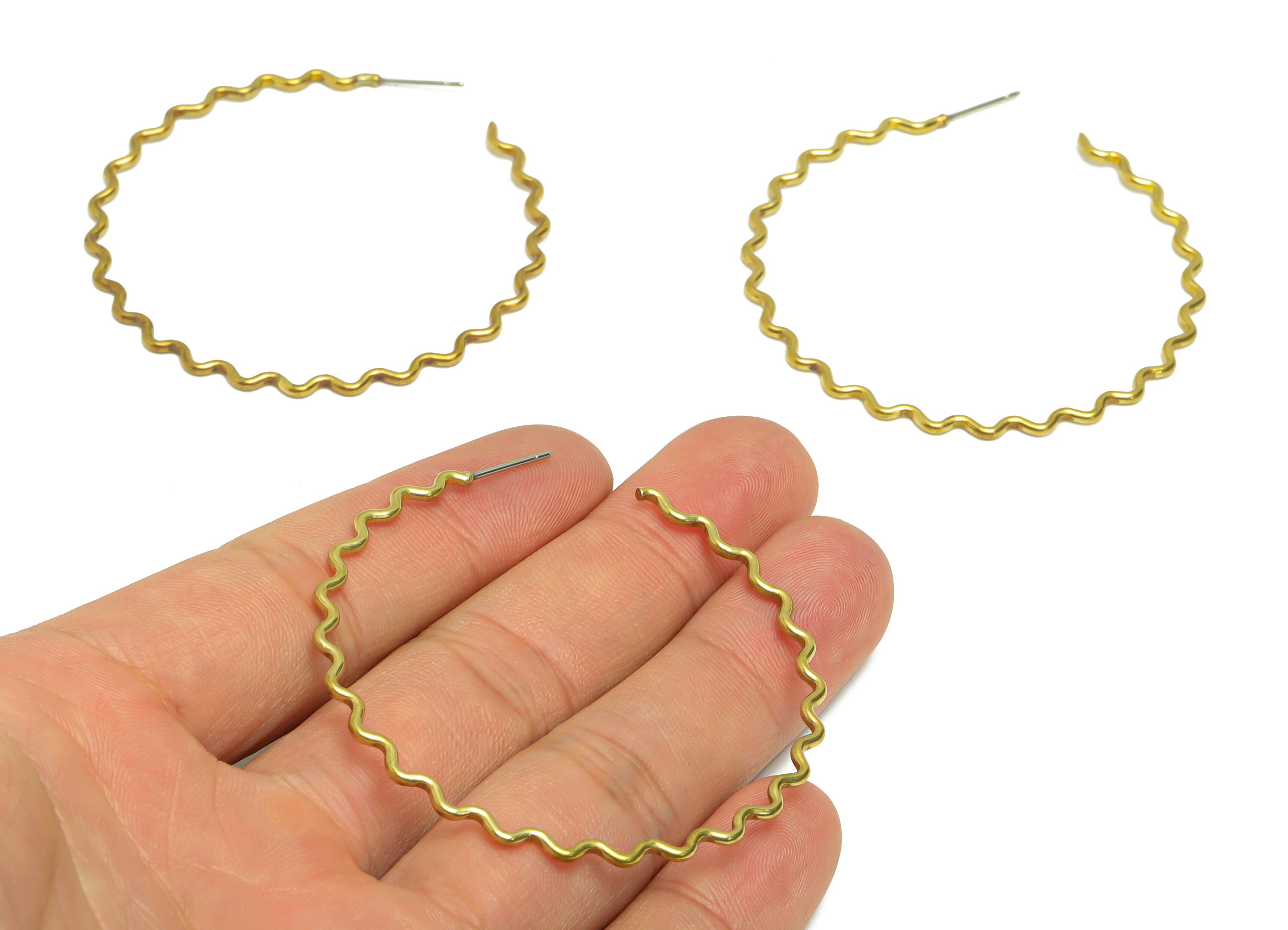 53mm Wire C Hoop Earring Stud - Raw Brass Wavy Hoop Earring Post - Brass Open Hoop Earring Post - Wavy Hoop Earring - 53.12x53x1mm - PP9364 - DOMEDBAZAAR
