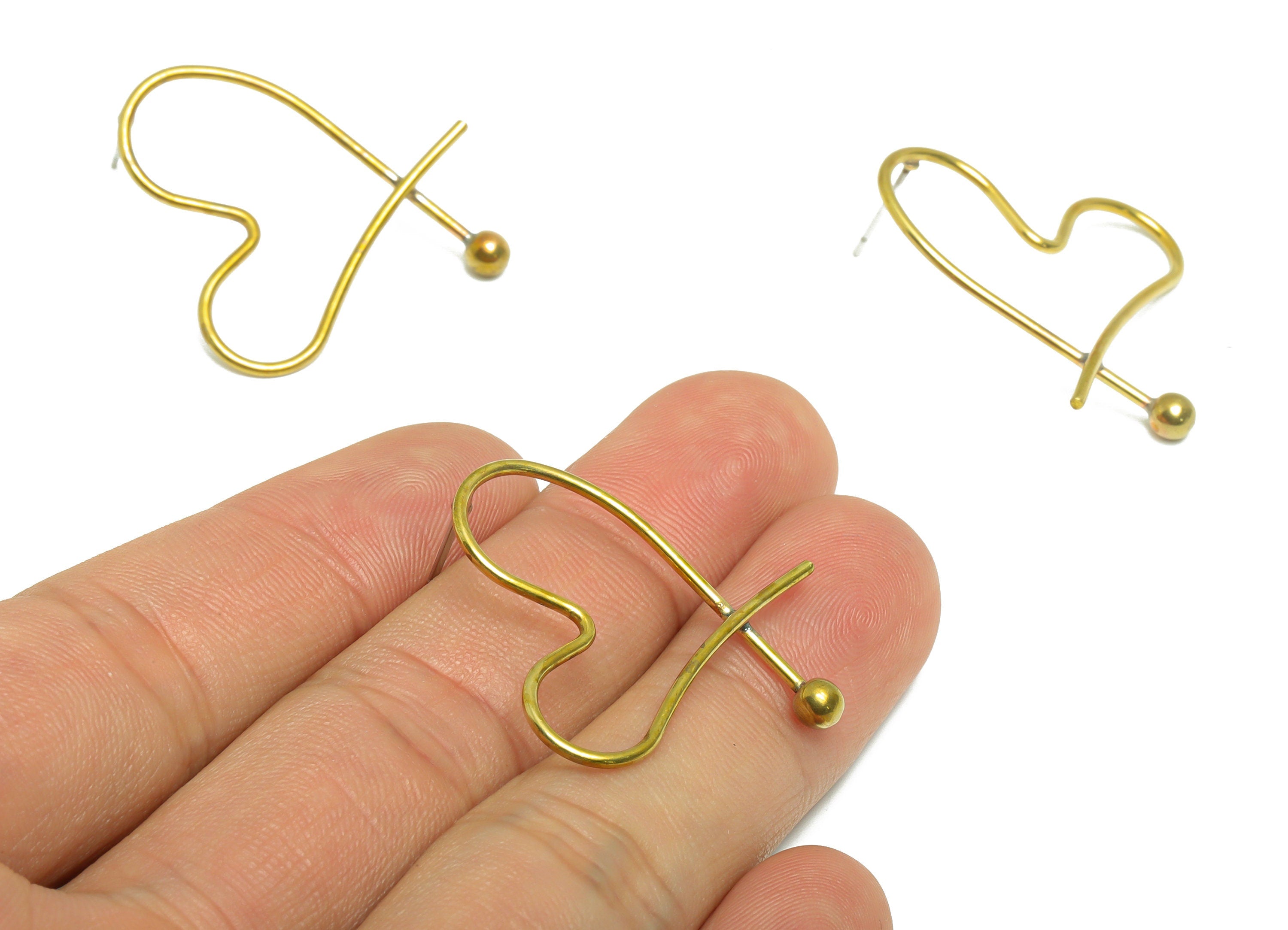 Brass Heart Wire Earring Stud - Raw Brass Wire Earring Post - Brass Heart Ball Earring Post - Heart Bead Earring Post - 33.8x28x1mm - PP9356 - DOMEDBAZAAR