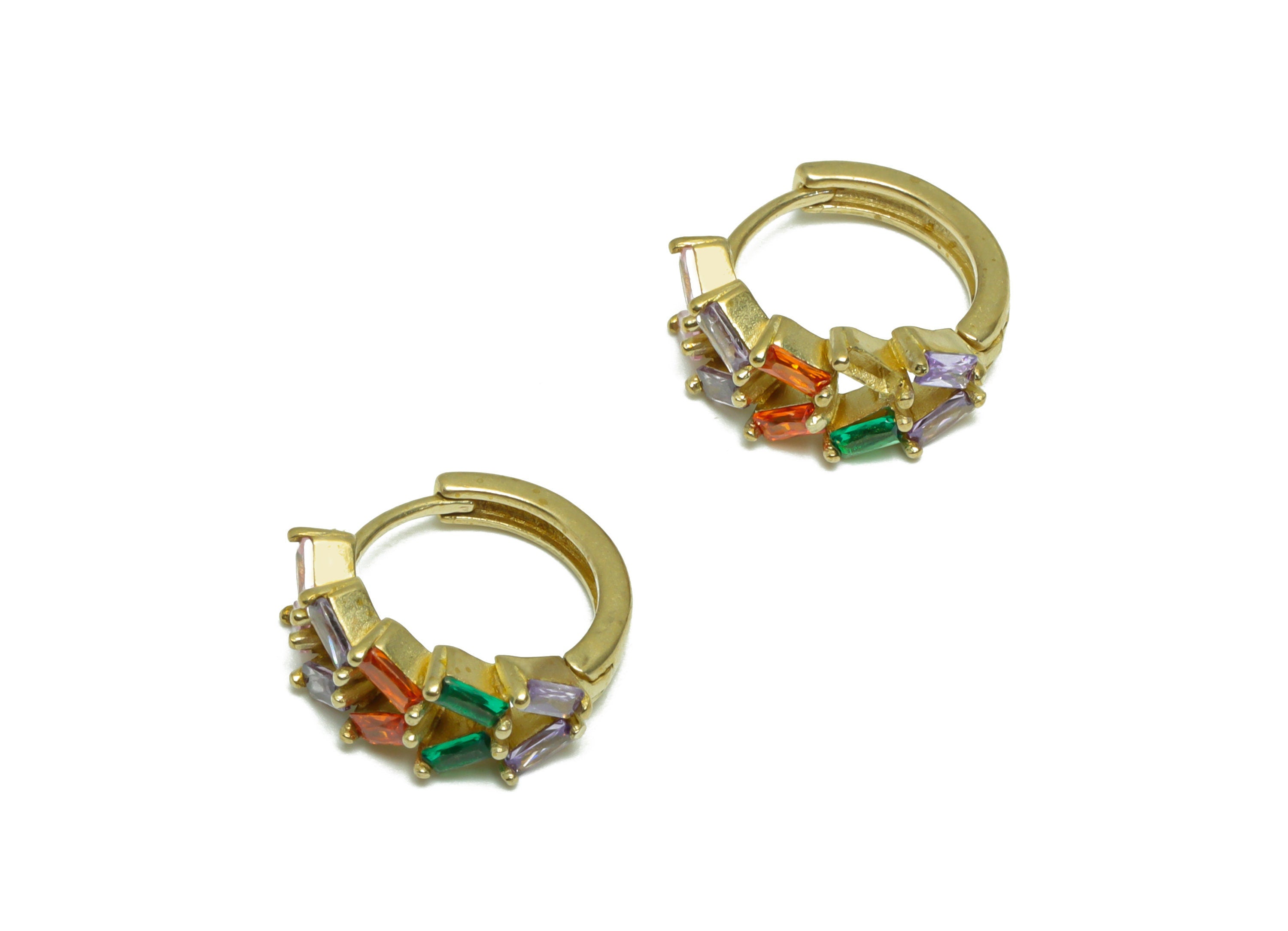 Brass CZ Rectangle Huggie Hoop Earring - Raw Brass Cubic Zircon Hoop Wire Earring - Brass Rainbow CZ Huggie Hoop Earring - 14x14x6mm -PP9800 - DOMEDBAZAAR