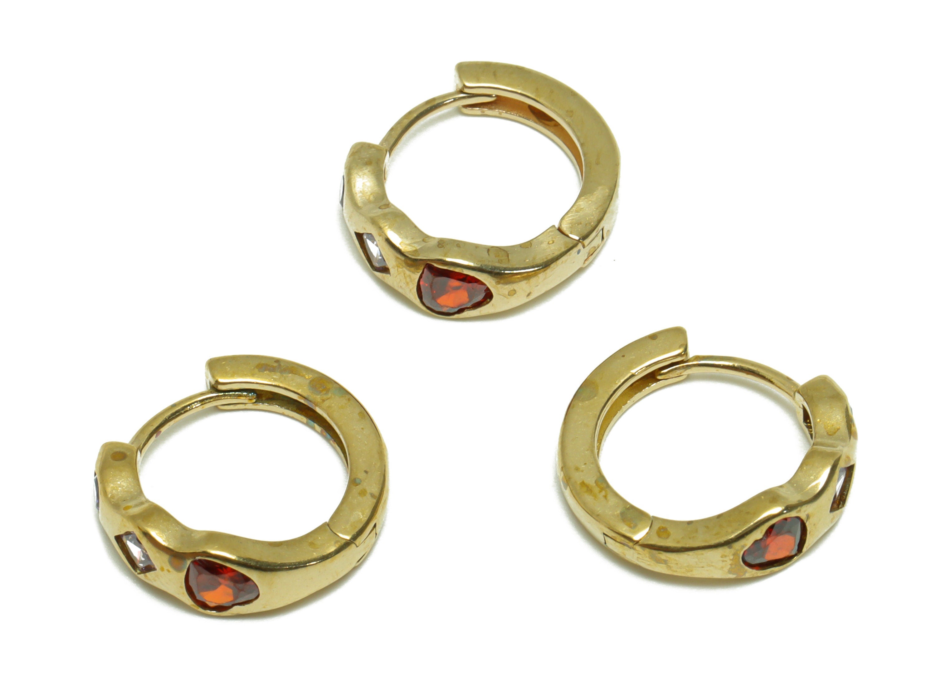 Brass CZ Heart Huggie Hoop Earring - Raw Brass Geometry Hoop Wire Ring Earring - Brass Cubic Zircon Huggie Hoop Earring - 15x14x5mm - PP9823 - DOMEDBAZAAR