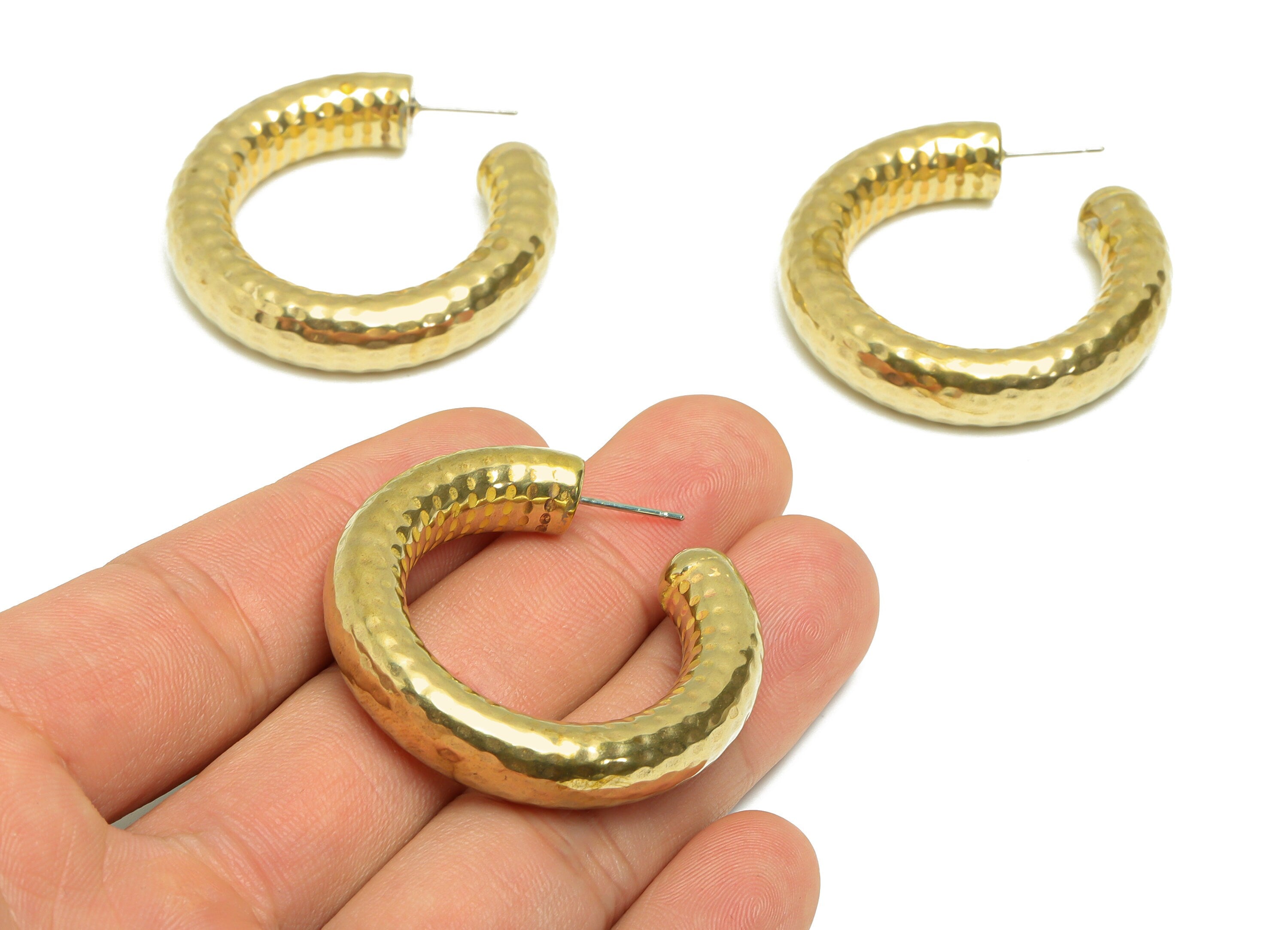 40mm Gold C Hoop Earring Stud - Raw Brass Hoop Earring Post - Brass C Thick Hoop Earring Post - Hammered Hoop Earring - 40.7x40x8mm - PP9411 - DOMEDBAZAAR