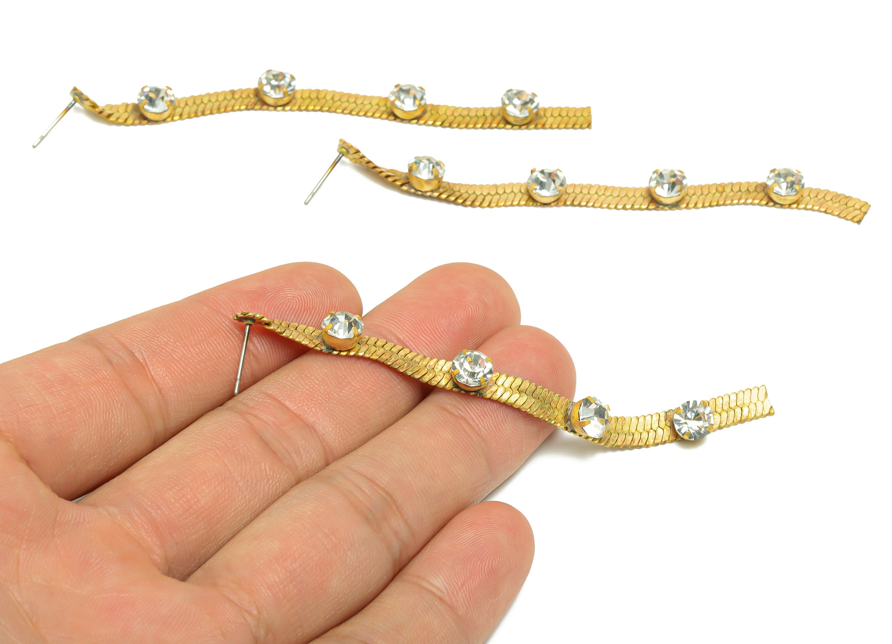 Brass CZ Chain Earring Stud - Raw Brass Rectangle Wire Earring Post - Brass Chain Snake Cubic Zircon Earring Post - 85x5.04x0.74mm - PP9970 - DOMEDBAZAAR
