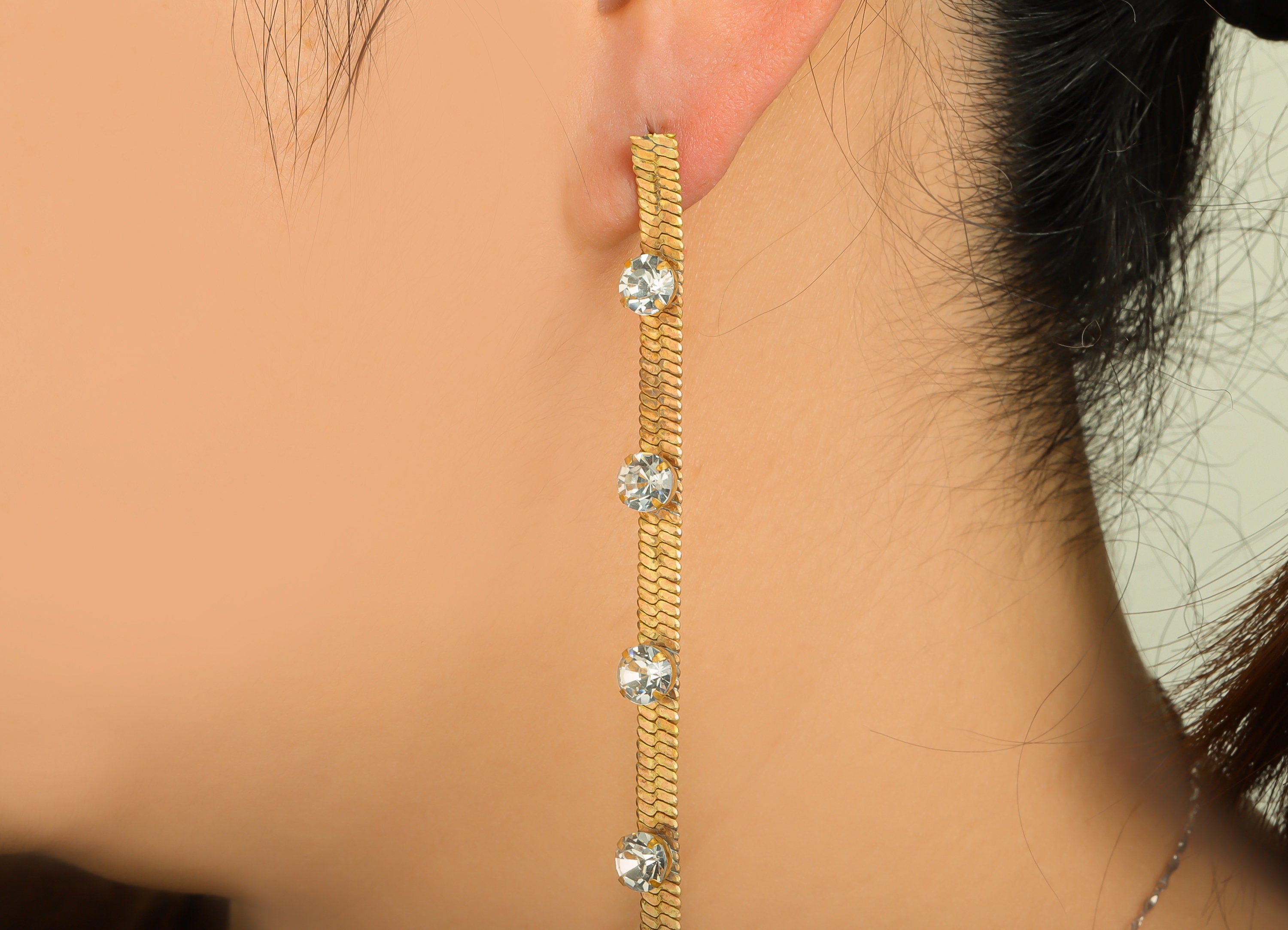 Brass CZ Chain Earring Stud - Raw Brass Rectangle Wire Earring Post - Brass Chain Snake Cubic Zircon Earring Post - 85x5.04x0.74mm - PP9970 - DOMEDBAZAAR