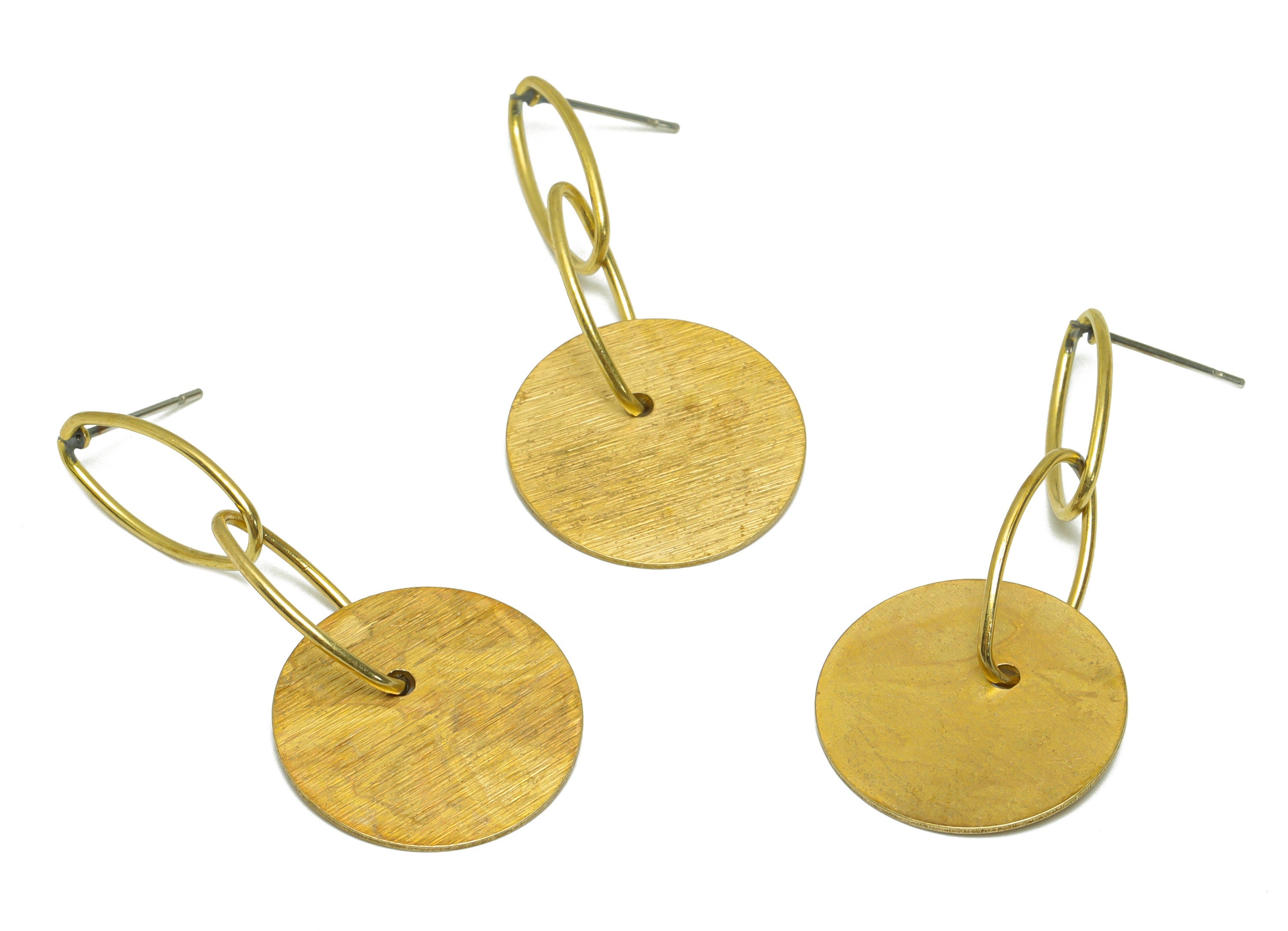 Brass Dangle Round Earring Stud - Raw Brass Disc Oval Interlocking Earring Post - Brass Textured Circle Earring Post - 45x19.89x1mm - PP9963 - DOMEDBAZAAR