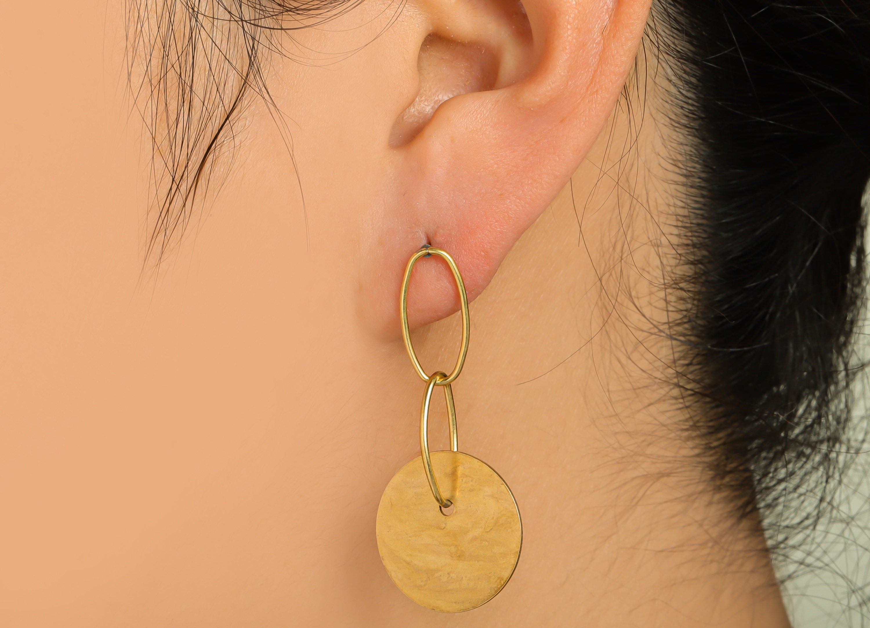 Brass Dangle Round Earring Stud - Raw Brass Disc Oval Interlocking Earring Post - Brass Textured Circle Earring Post - 45x19.89x1mm - PP9963 - DOMEDBAZAAR