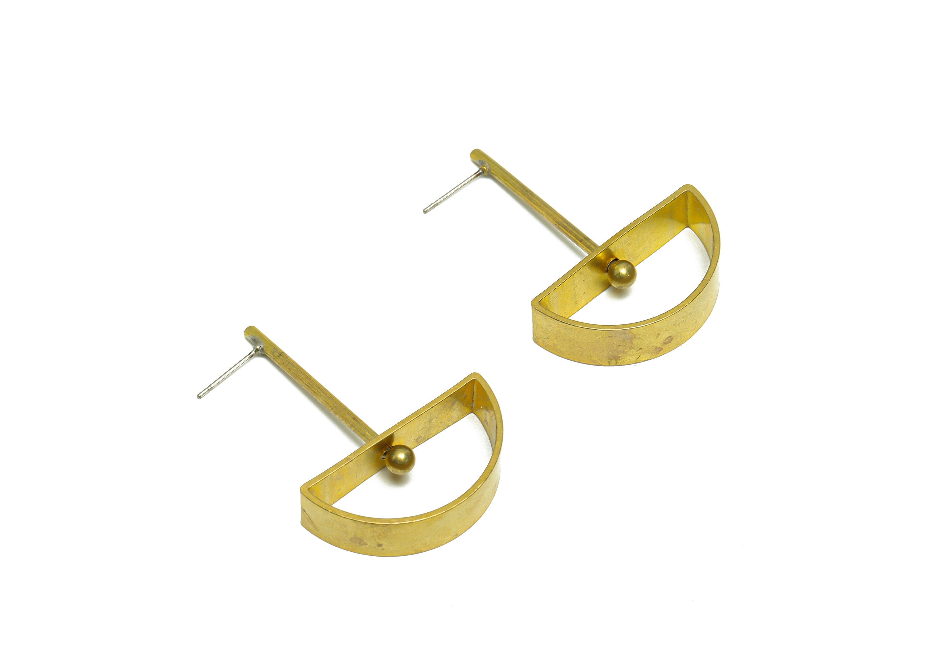 Brass Semicircle Dangle Earring - Raw Brass D Stick Wire Earring Post - Brass Ball Earring Post - Geometry Earring Post - 44x30x7mm - PP9943 - DOMEDBAZAAR