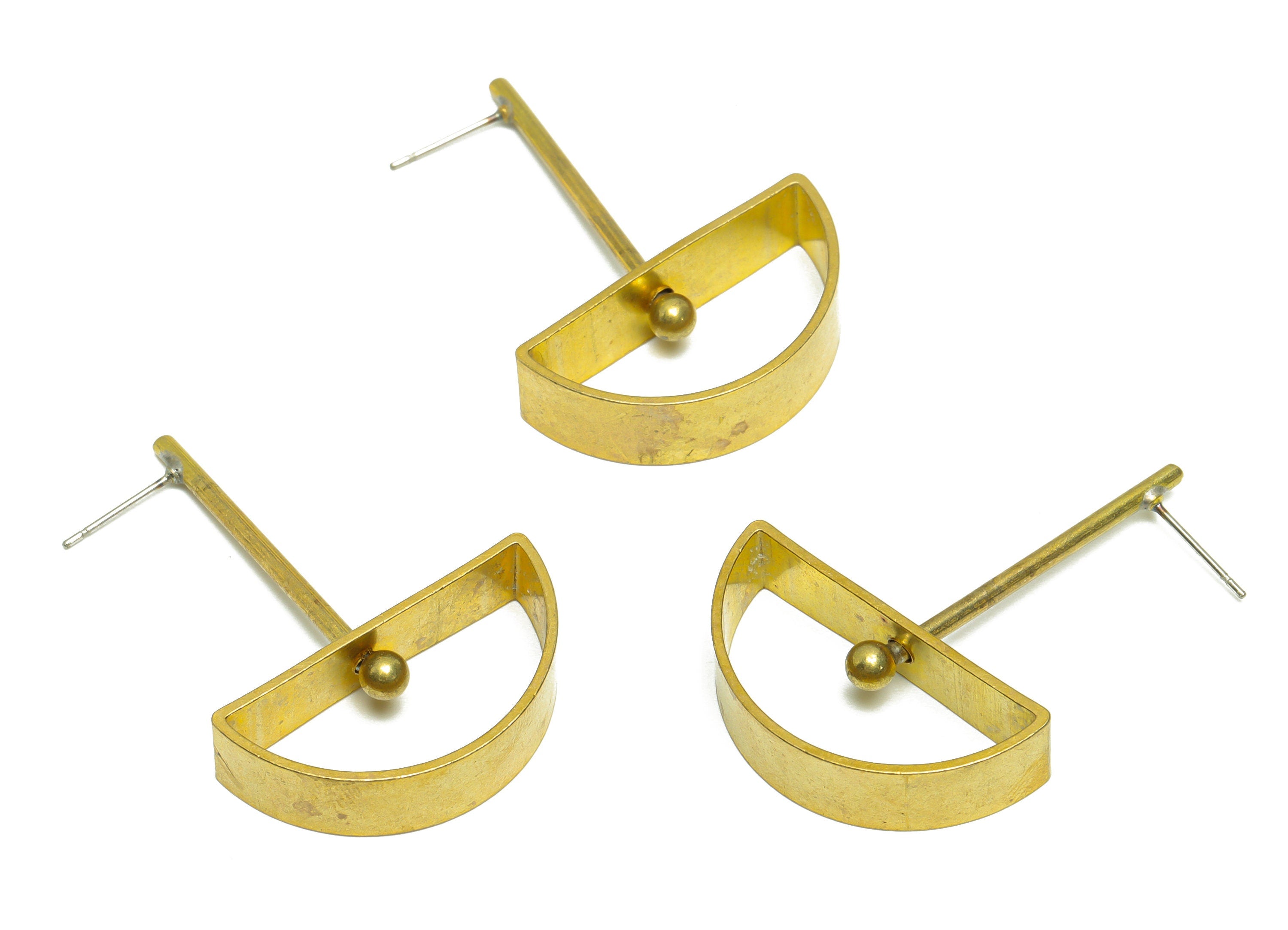Brass Semicircle Dangle Earring - Raw Brass D Stick Wire Earring Post - Brass Ball Earring Post - Geometry Earring Post - 44x30x7mm - PP9943 - DOMEDBAZAAR