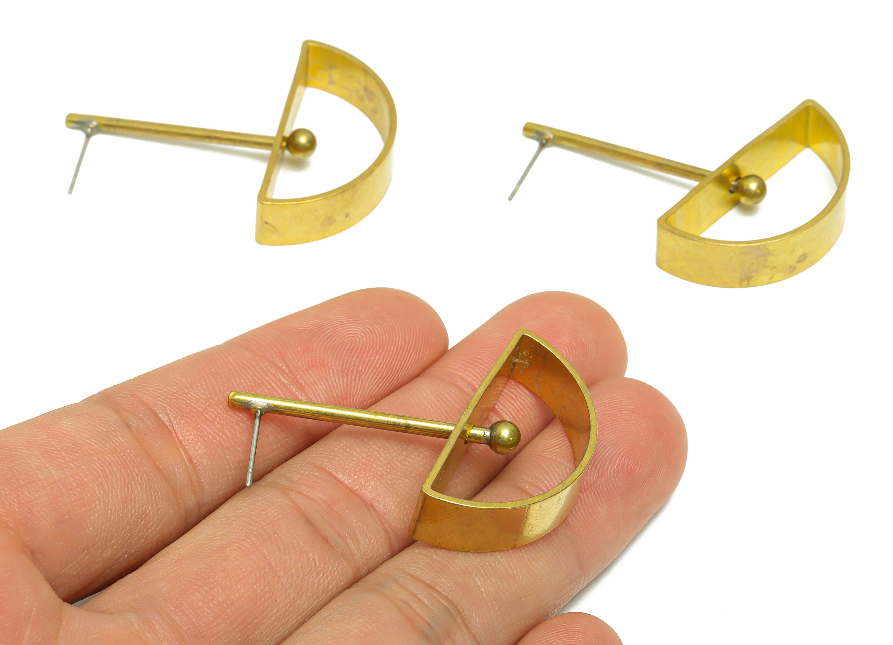 Brass Semicircle Dangle Earring - Raw Brass D Stick Wire Earring Post - Brass Ball Earring Post - Geometry Earring Post - 44x30x7mm - PP9943 - DOMEDBAZAAR