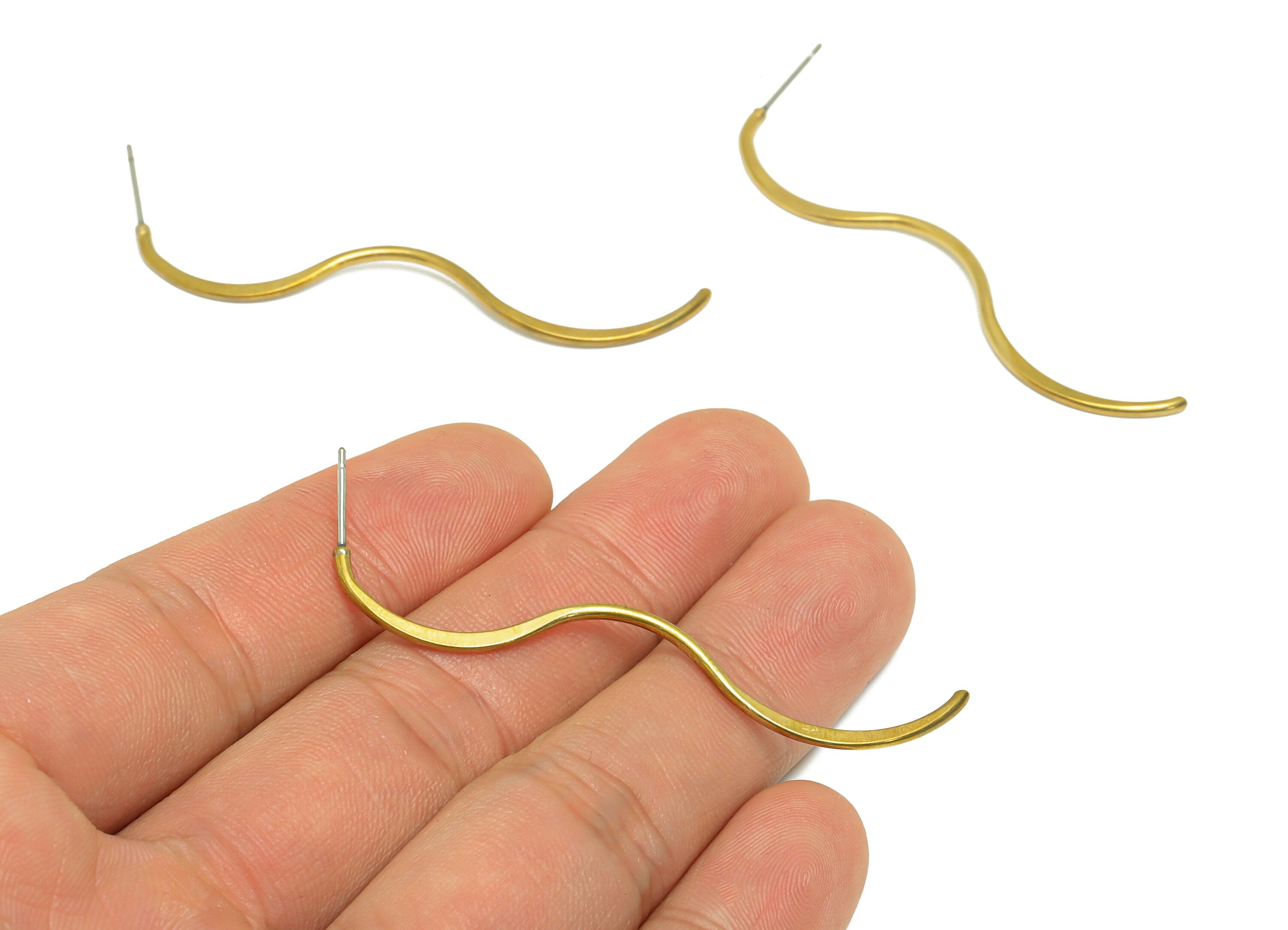 Wavy Wire Hammered Earring - Raw Brass Wire Earring Post - Brass Wavy Earring Post - Brass Hammered Wavy Earring Stud - 60.5x8x1mm - PP9359 - DOMEDBAZAAR