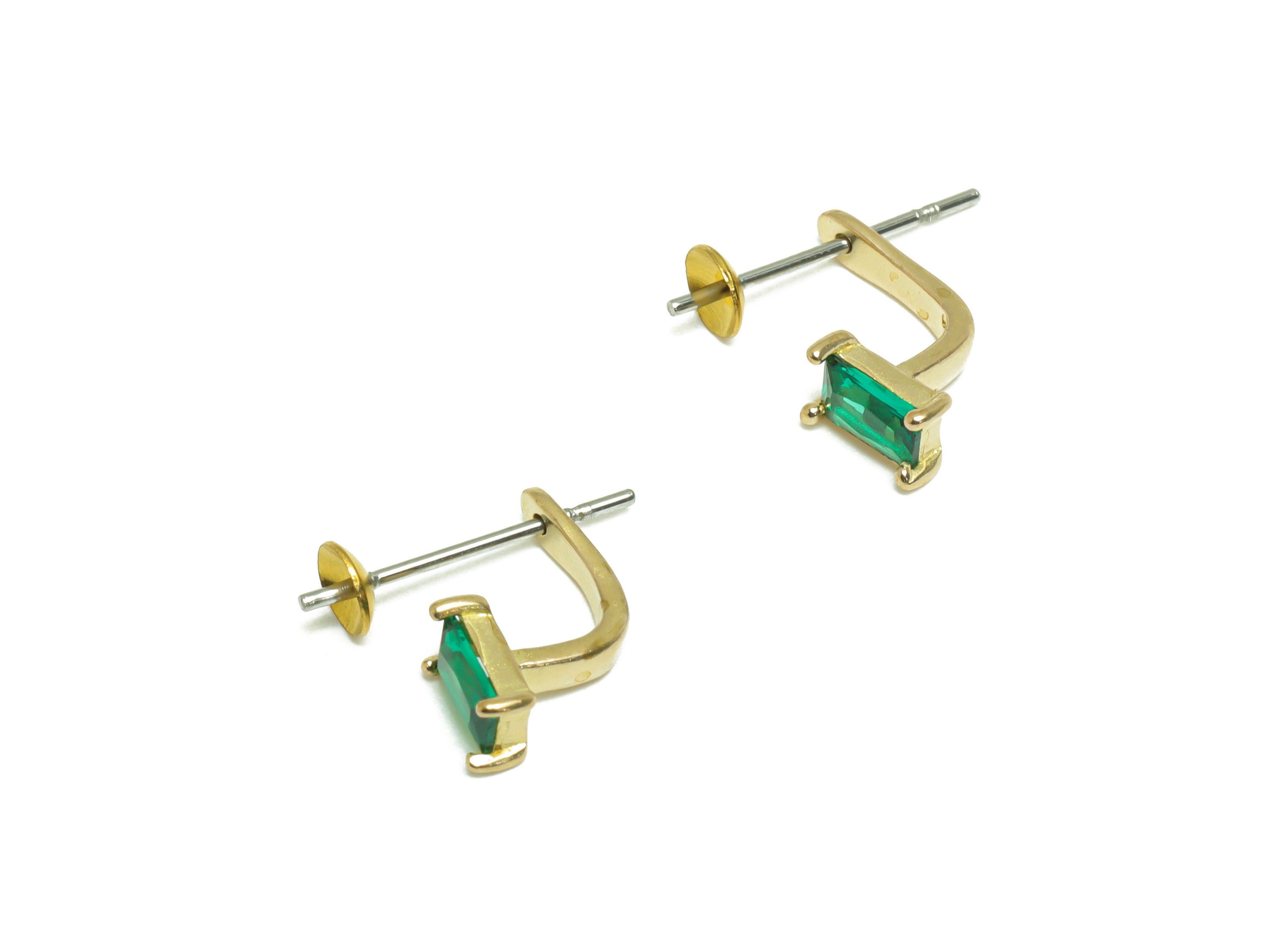 Brass CZ Earring Stud - Raw Brass Cubic Zircon Green Rectangle Earring - Brass Pearl Setting For Earring Post - Ear Jacket - 11x8x3mm-PP9705 - DOMEDBAZAAR
