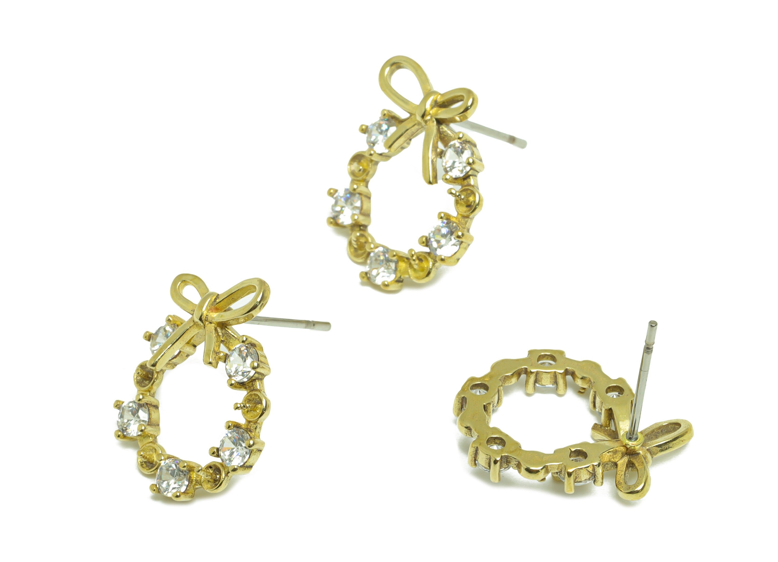 Brass CZ Butterfly Bow Earring Stud - Raw Brass Cubic Zircon Round Earring - Brass Pearl Setting For Earring Post - 17.7x14.2x3.5mm - PP9769 - DOMEDBAZAAR