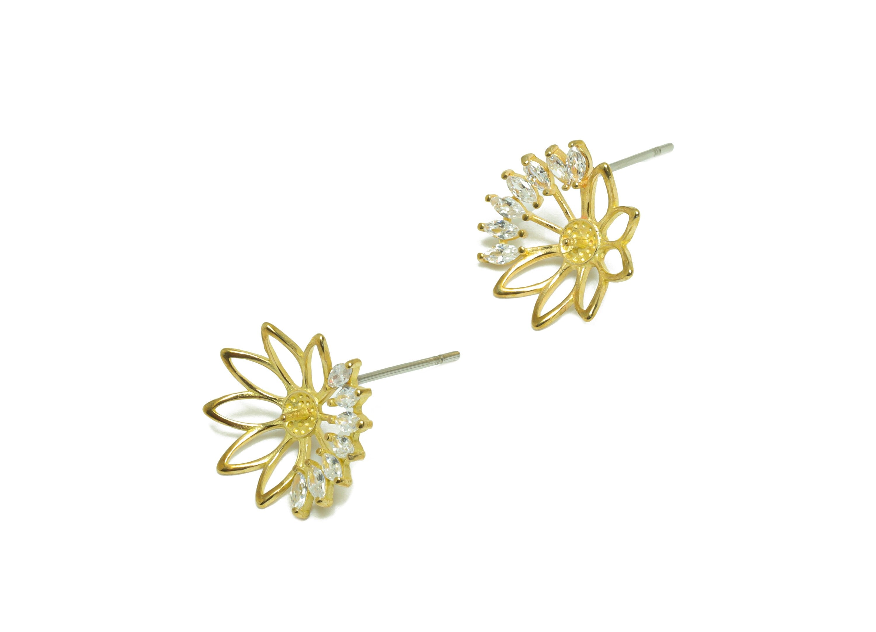 Brass CZ Flower Earring Stud - Raw Brass Cubic Zircon Marquise Lotus Earring - Brass Pearl Setting For Earring Post - 13.7x13.2x3mm - PP9746 - DOMEDBAZAAR