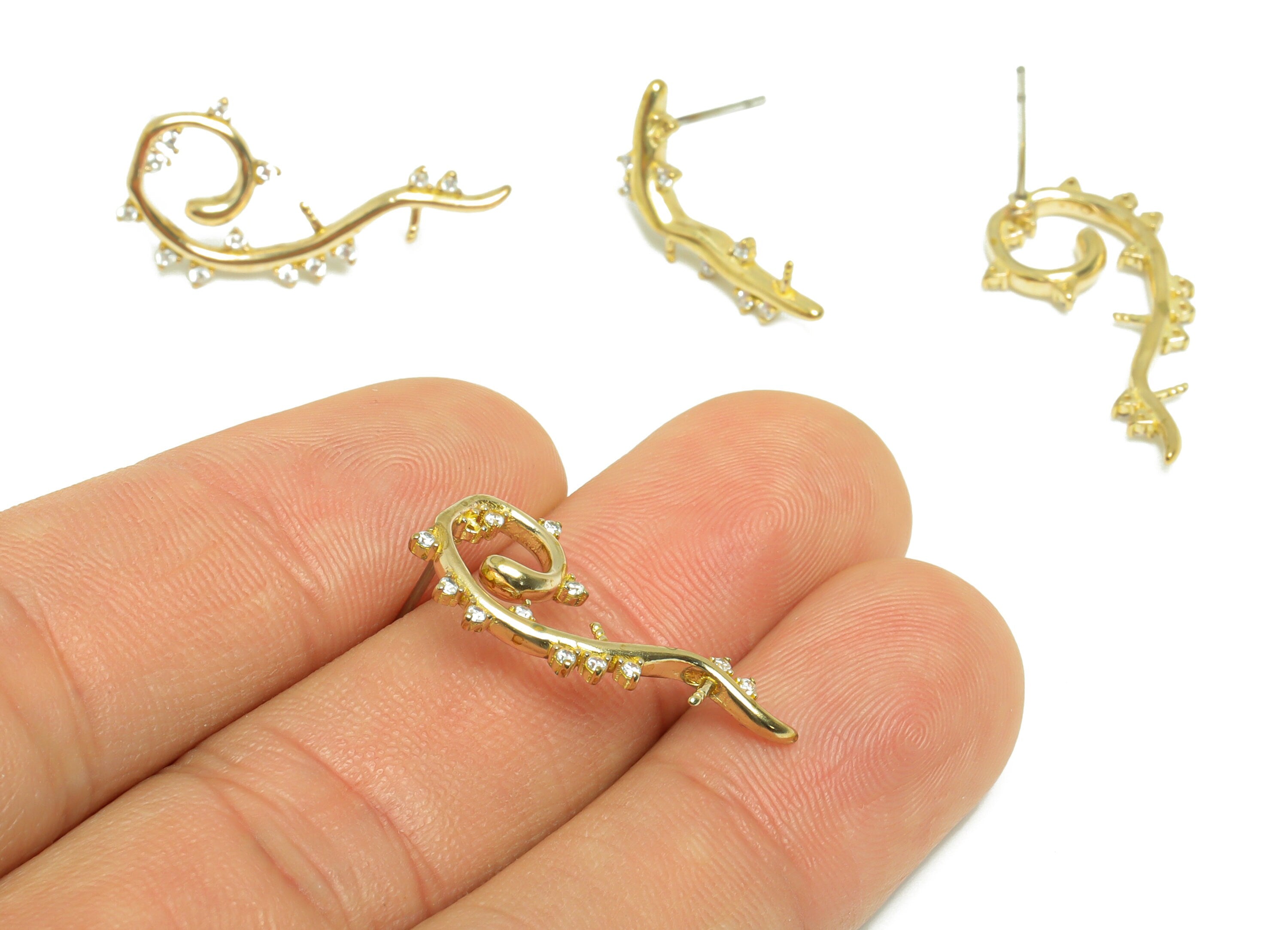 Brass CZ Curly Stick Earring Stud - Raw Brass Cubic Zircon Irregular Earring Post - Brass Pearl Setting For Earring Post - 26x12x2mm -PP9734 - DOMEDBAZAAR