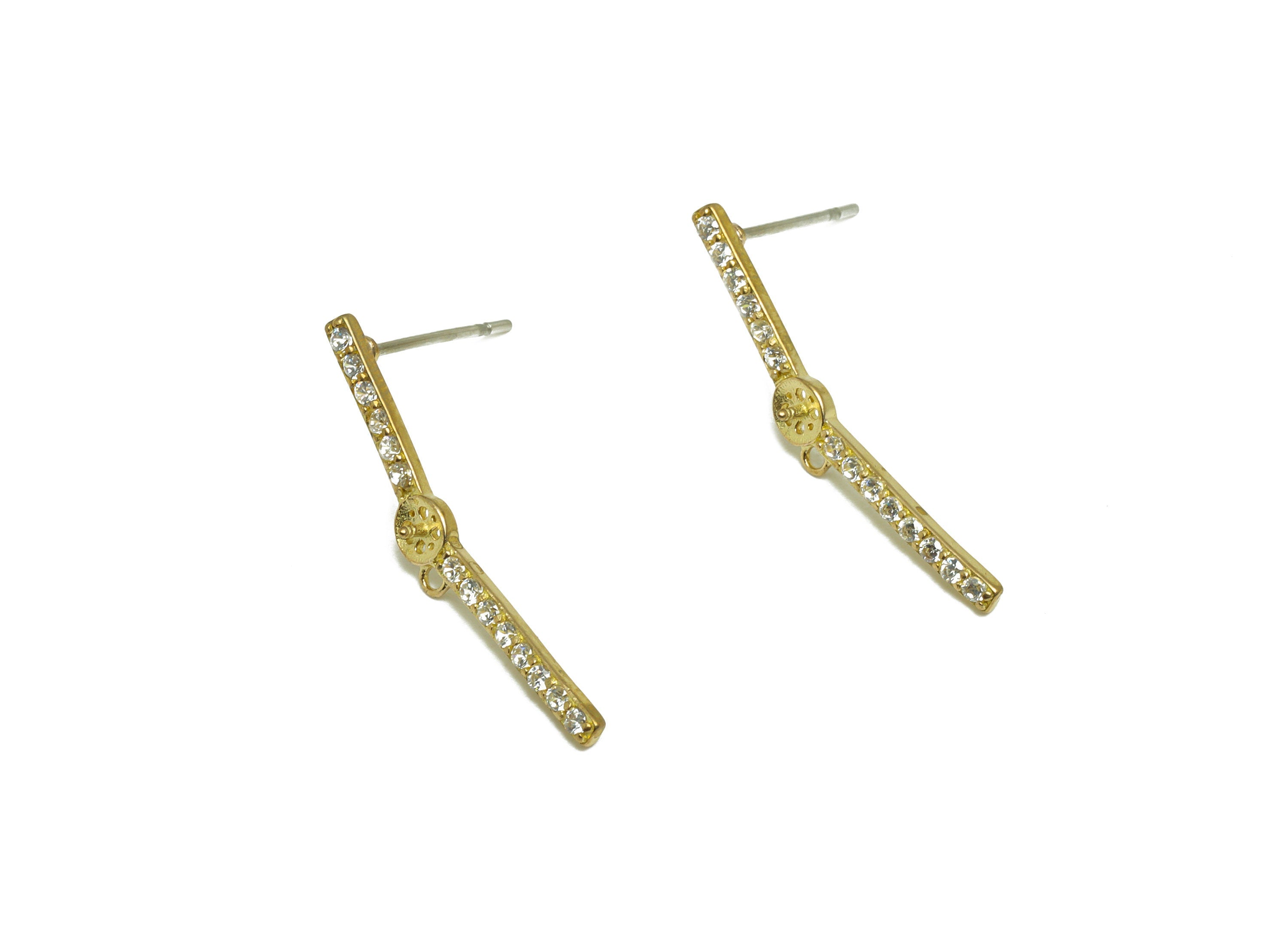 Brass CZ Rectangle Earring Stud - Raw Brass Cubic Zircon Stick Earring - Earring With Loop - Pearl Setting for Earring - 27x4x2mm - PP9731 - DOMEDBAZAAR