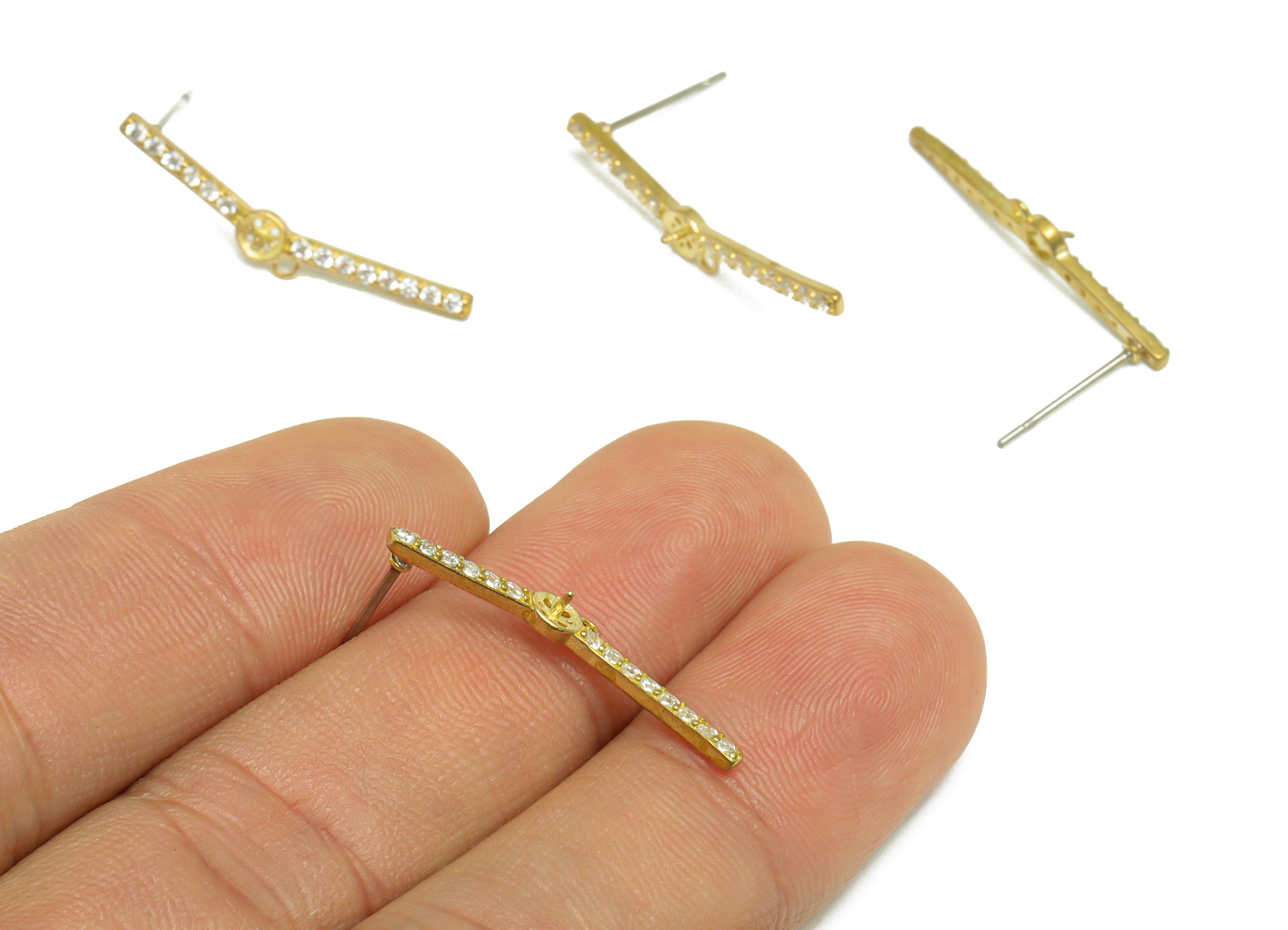 Brass CZ Rectangle Earring Stud - Raw Brass Cubic Zircon Stick Earring - Earring With Loop - Pearl Setting for Earring - 27x4x2mm - PP9731 - DOMEDBAZAAR