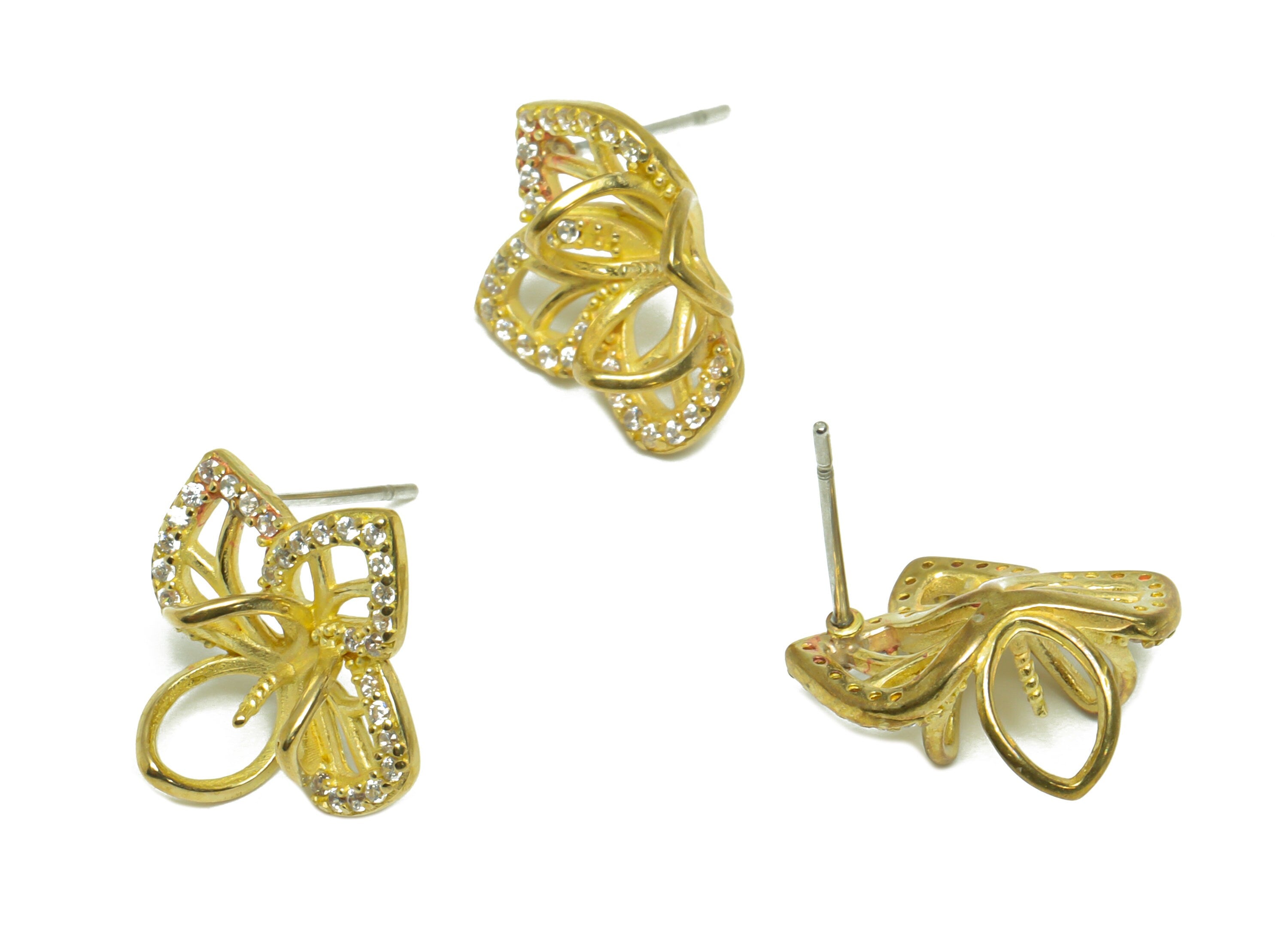 Brass CZ Flower Earring Stud - Raw Brass Cubic Zircon Botanical Earring Post - Brass Pearl Setting For Earring Post - 15.7x16x7.5mm -PP9747 - DOMEDBAZAAR