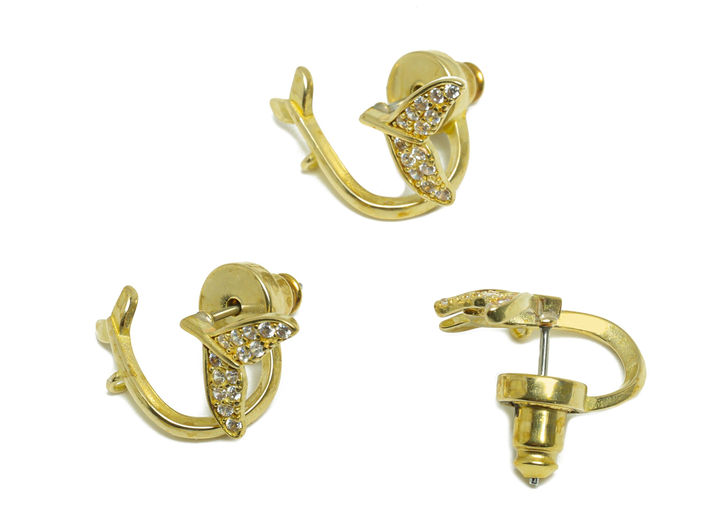Brass CZ Fish Tail Earring Stud - Raw Brass Cubic Zircon Whale Tail Earring Post - Whale Tail Earring Post With Loop - 13x10x9mm - PP9744 - DOMEDBAZAAR