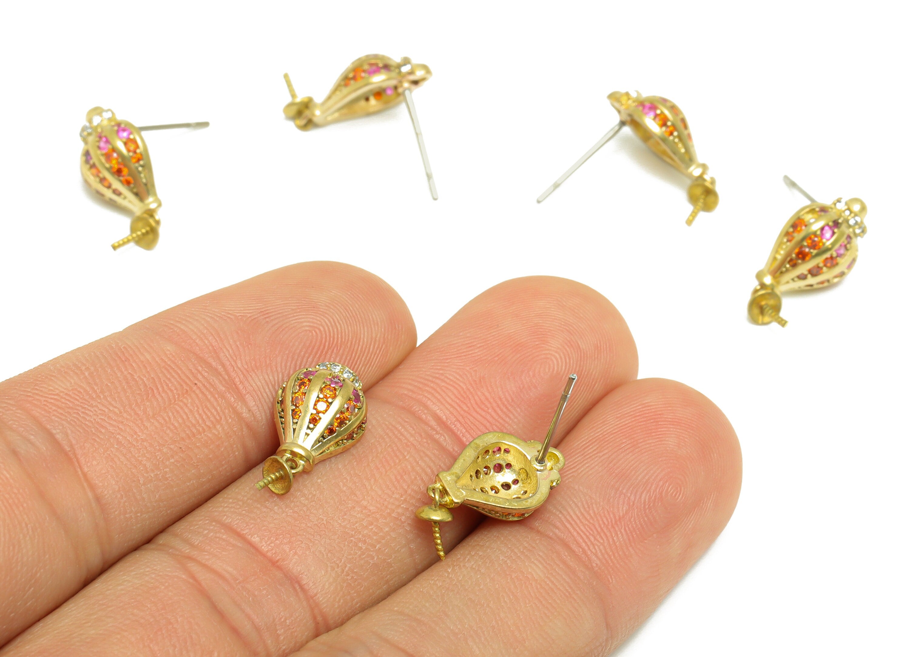 Brass Aquarius Earring Stud - Raw Brass Cubic Zircon Bottle Earring Post - Brass CZ Balloon Pearl Setting For Earring Post - 18x8x5mm-PP9700 - DOMEDBAZAAR