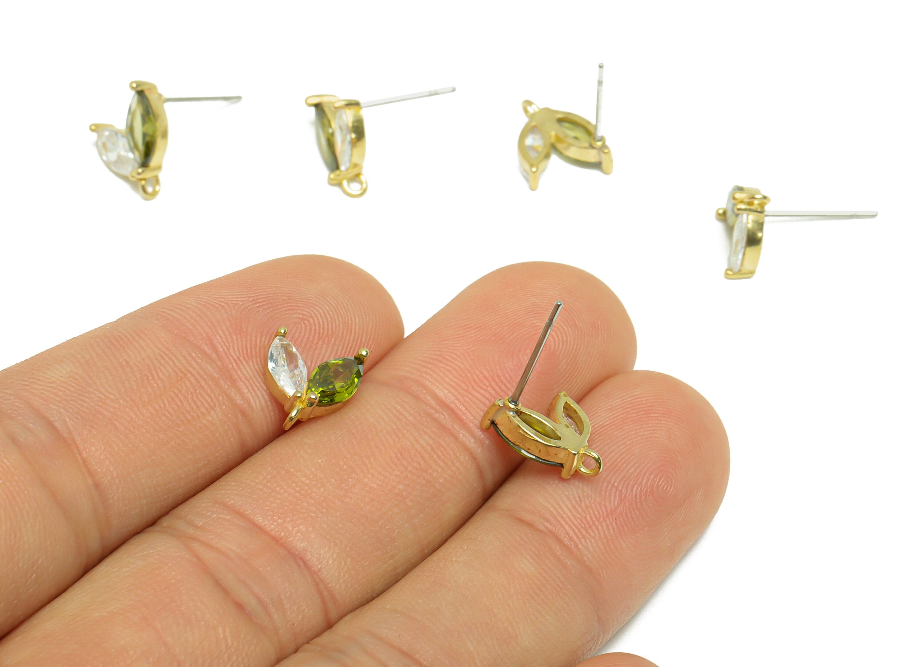 Brass CZ Marquise Earring Stud - Raw Brass Cubic Zircon Marquise Earring Post - Zircon Grey Earring Post With Loop - 9.94x8.6x3mm - PP9745 - DOMEDBAZAAR