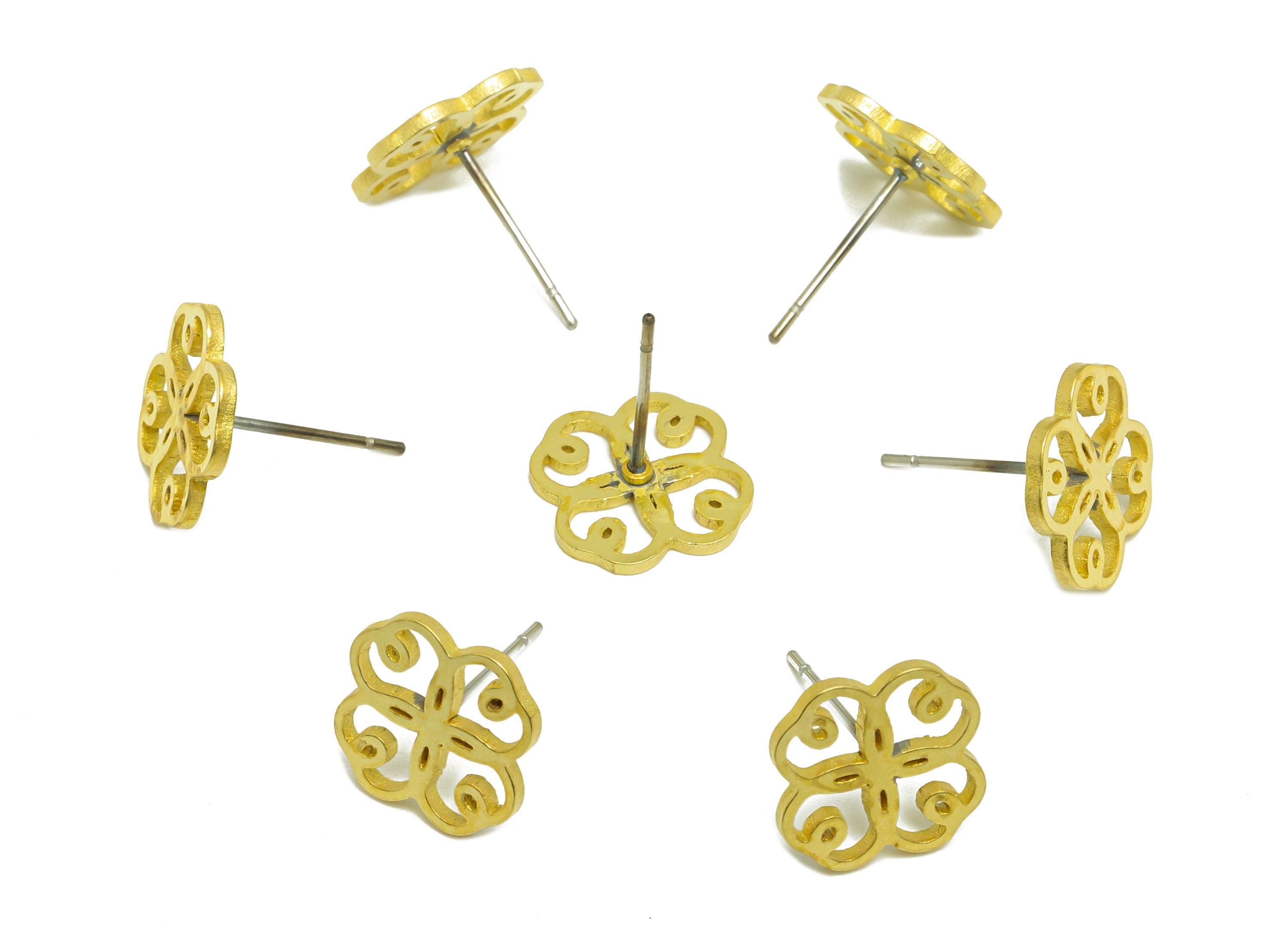 Brass Flower Earring Stud - Raw Brass Four Leaf Clover Earring Post - Brass Window Grilles Earring Post - 13.7x11x1.56mm - PP9793 - DOMEDBAZAAR