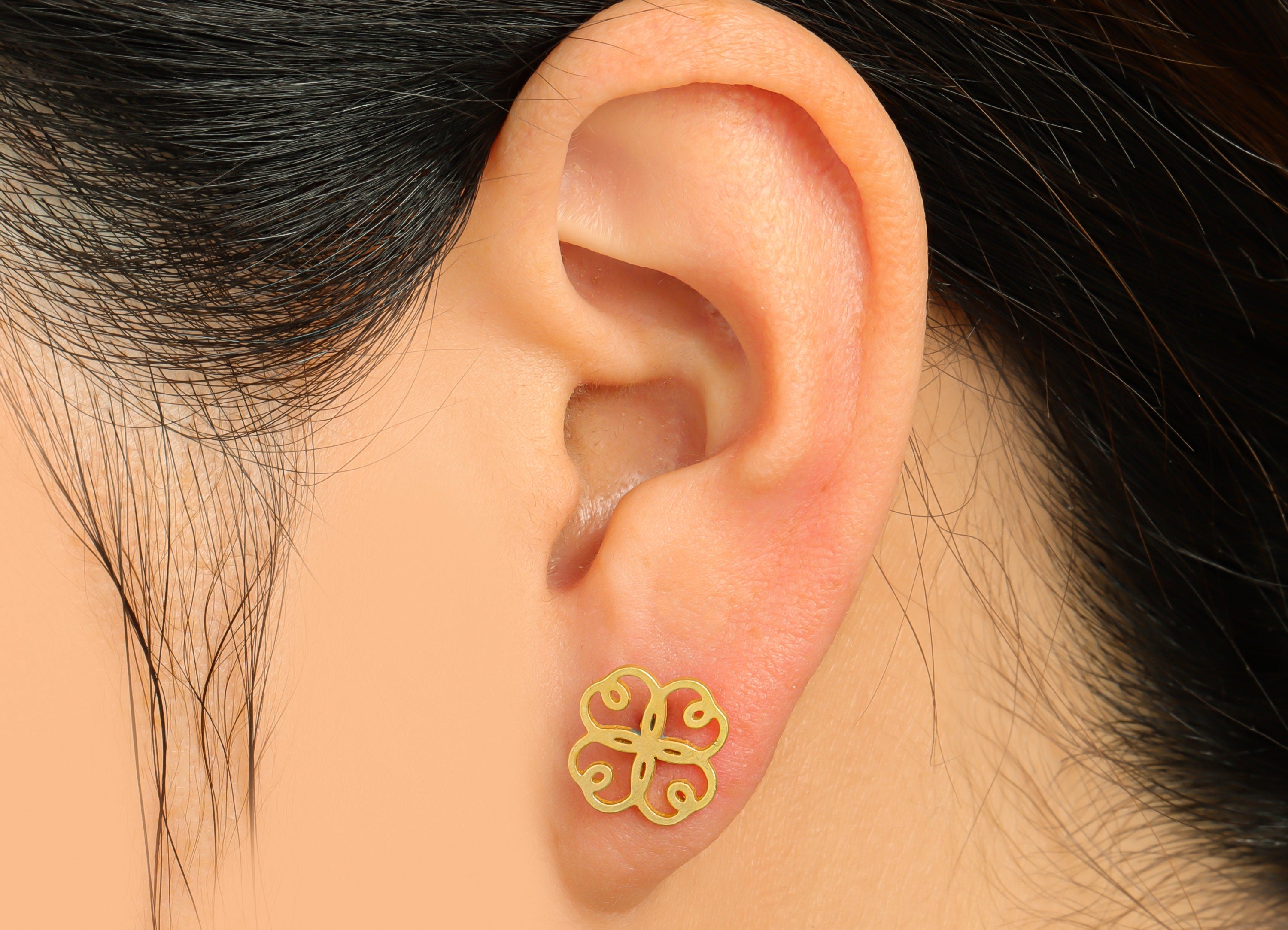 Brass Flower Earring Stud - Raw Brass Four Leaf Clover Earring Post - Brass Window Grilles Earring Post - 13.7x11x1.56mm - PP9793 - DOMEDBAZAAR
