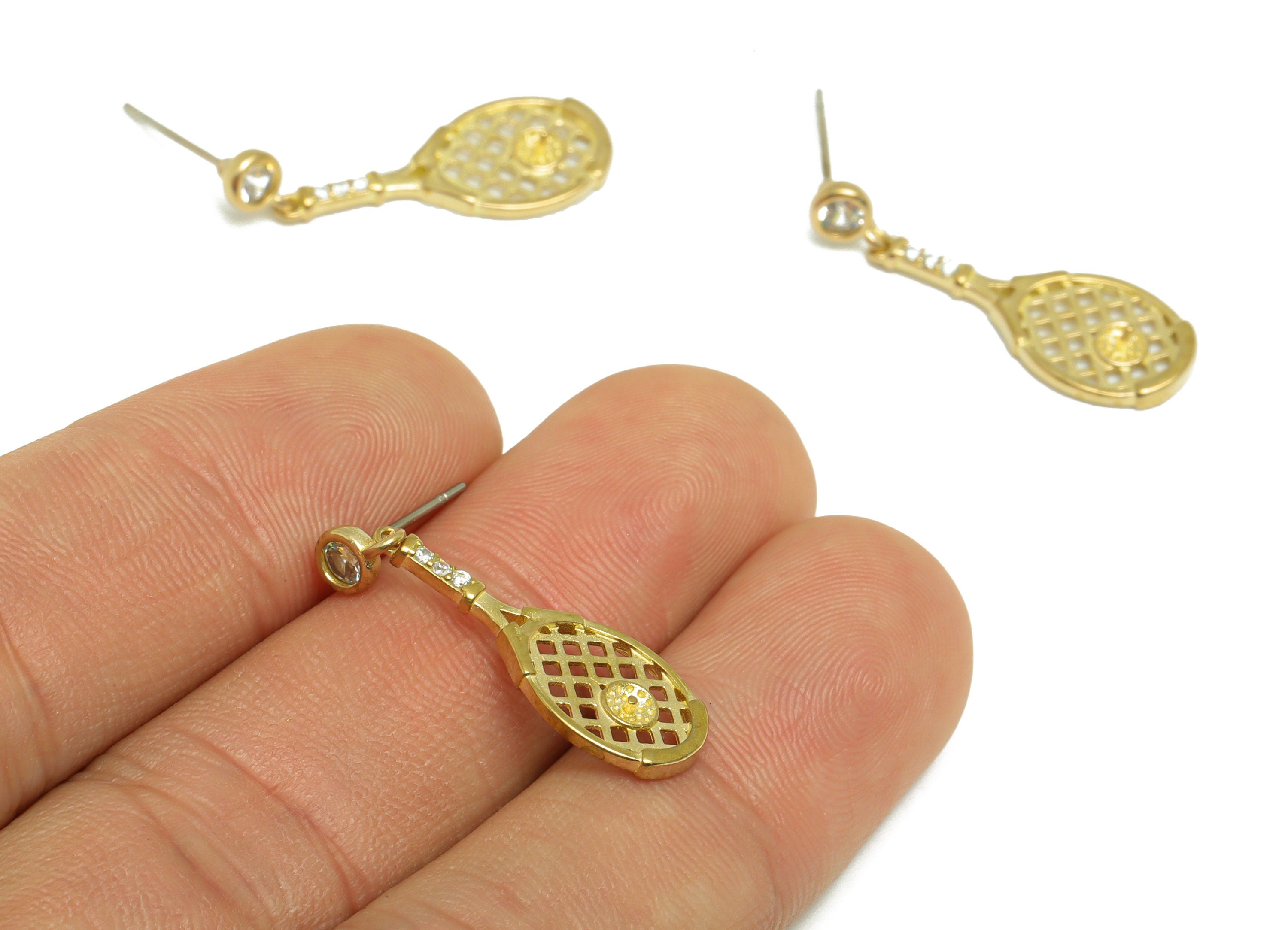 Brass CZ Tennis Racket Earring Stud - Raw Brass Cubic Zircon Racket Earring Post - Brass Pearl Setting For Earring Post - 25x9.5x3mm -PP9707 - DOMEDBAZAAR