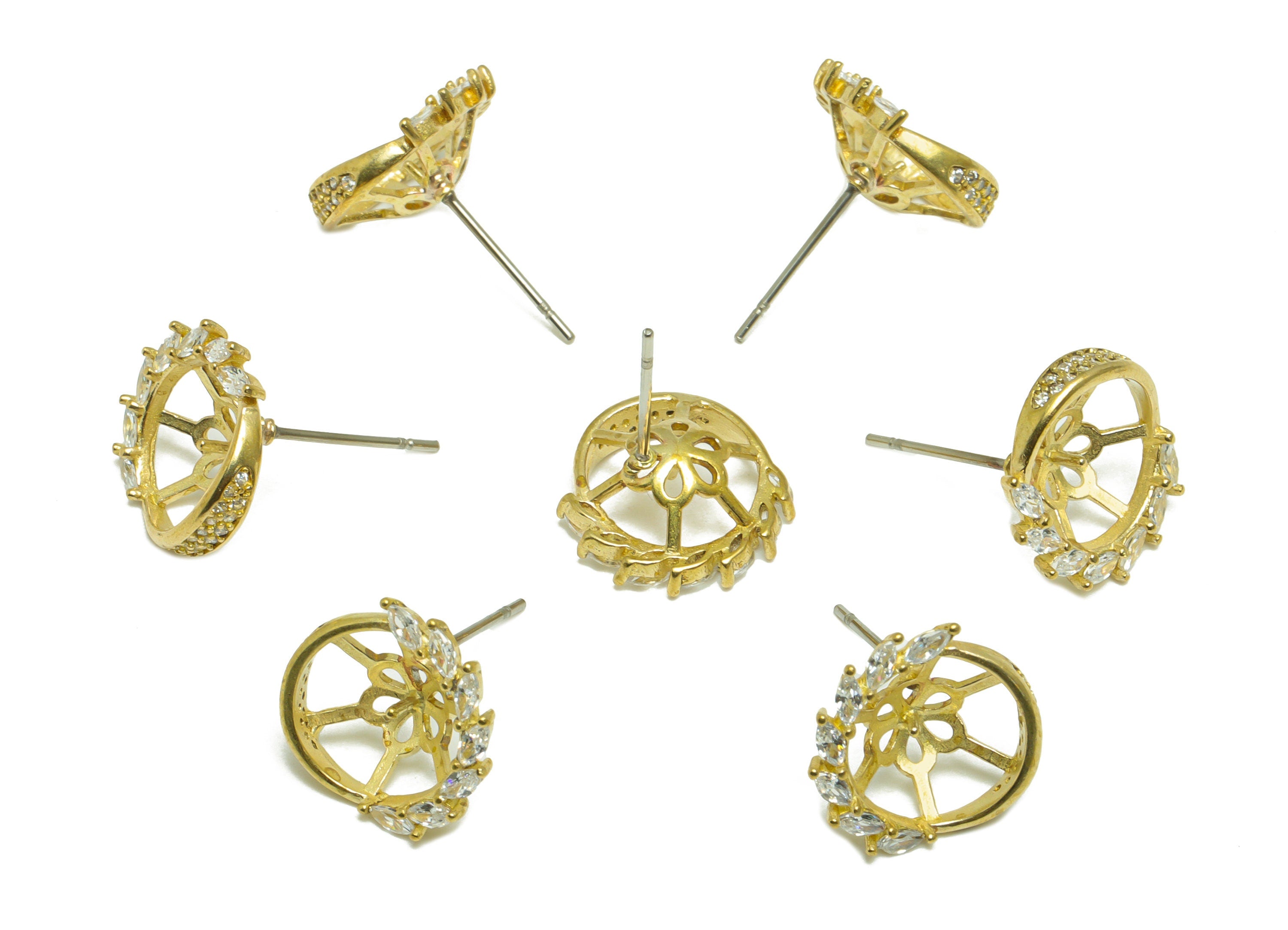 Brass CZ Round Flower Earring Stud - Raw Brass Cubic Zircon Marquise Earring - Brass Pearl Setting For Earring - 13.9x13x4mm - PP9733 - DOMEDBAZAAR