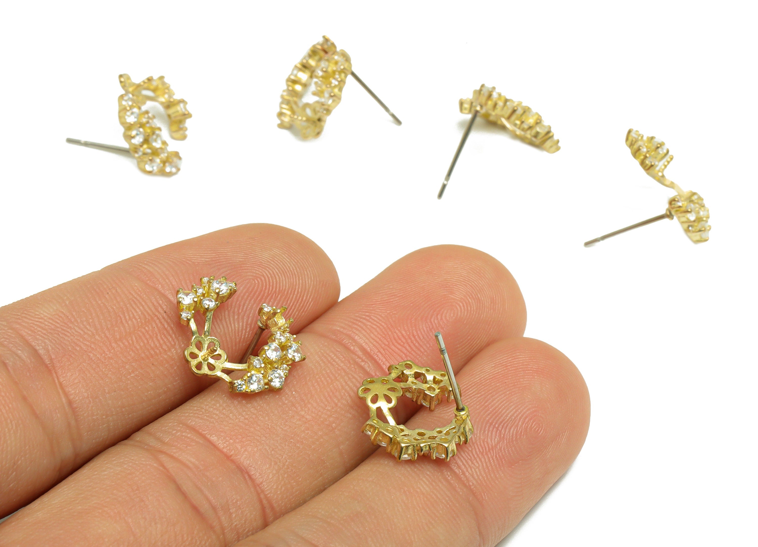 Brass CZ Crescent Earring Stud - Raw Brass Cubic Zircon Moon Earring - Brass Pearl Setting For Earring - Zircon Moon - 15x12x3.61mm - PP9708 - DOMEDBAZAAR