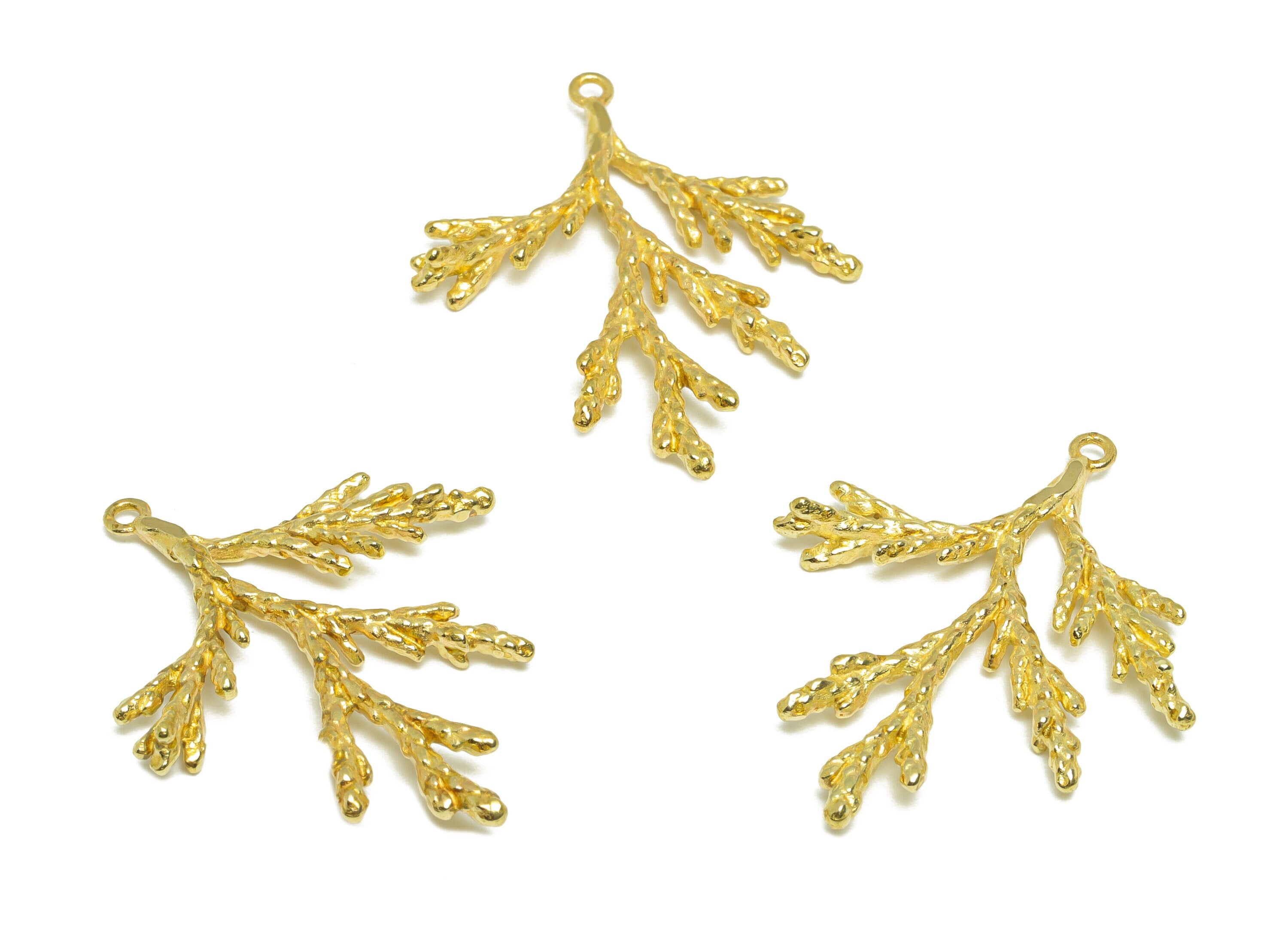 Brass Pine Earring Charm - Brass Pine Branch Earring Pendant - Raw Brass Botanical Earring Charm - 35.5x29x2.55mm - PP9750 - DOMEDBAZAAR