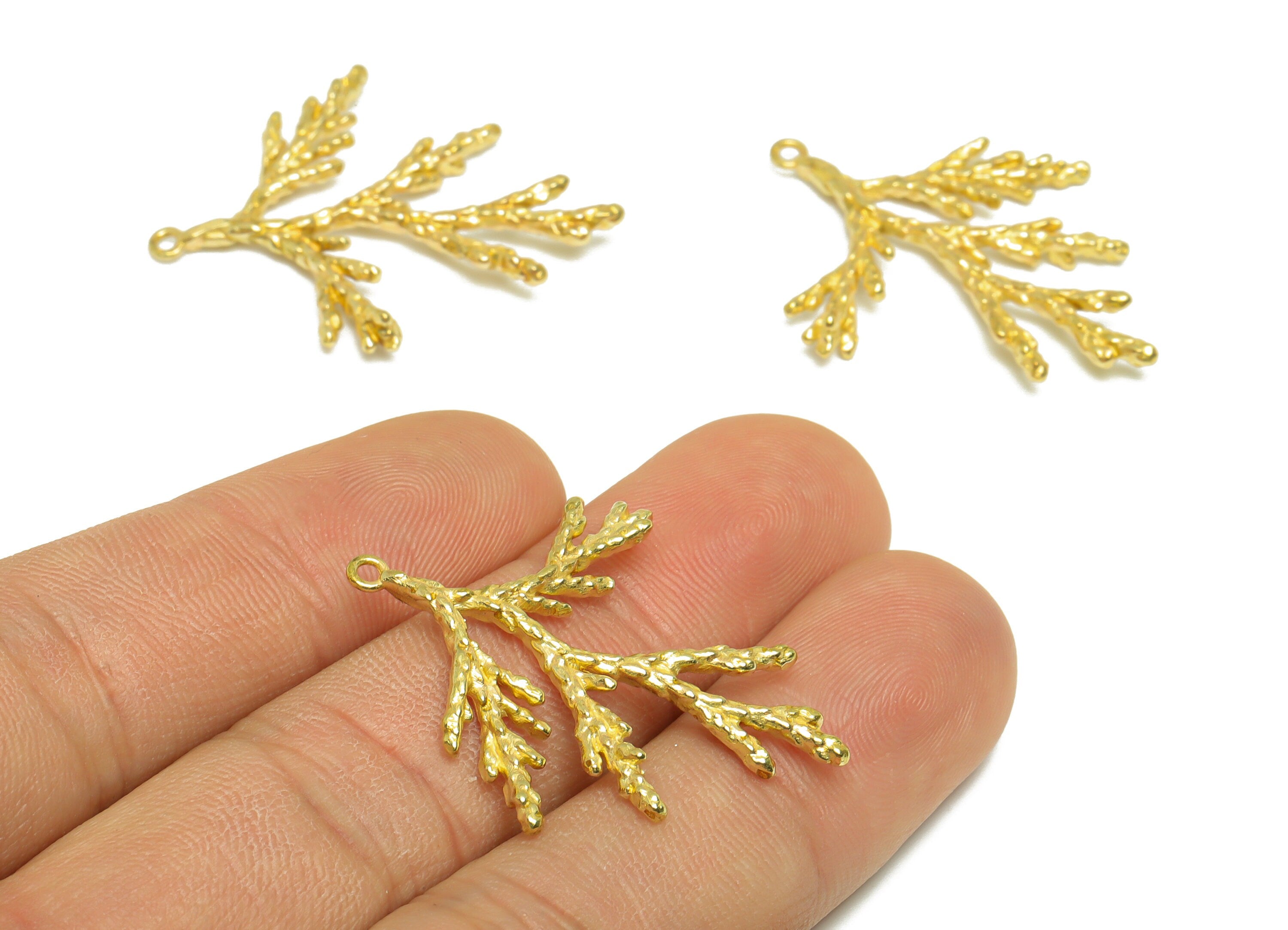 Brass Pine Earring Charm - Brass Pine Branch Earring Pendant - Raw Brass Botanical Earring Charm - 35.5x29x2.55mm - PP9750 - DOMEDBAZAAR
