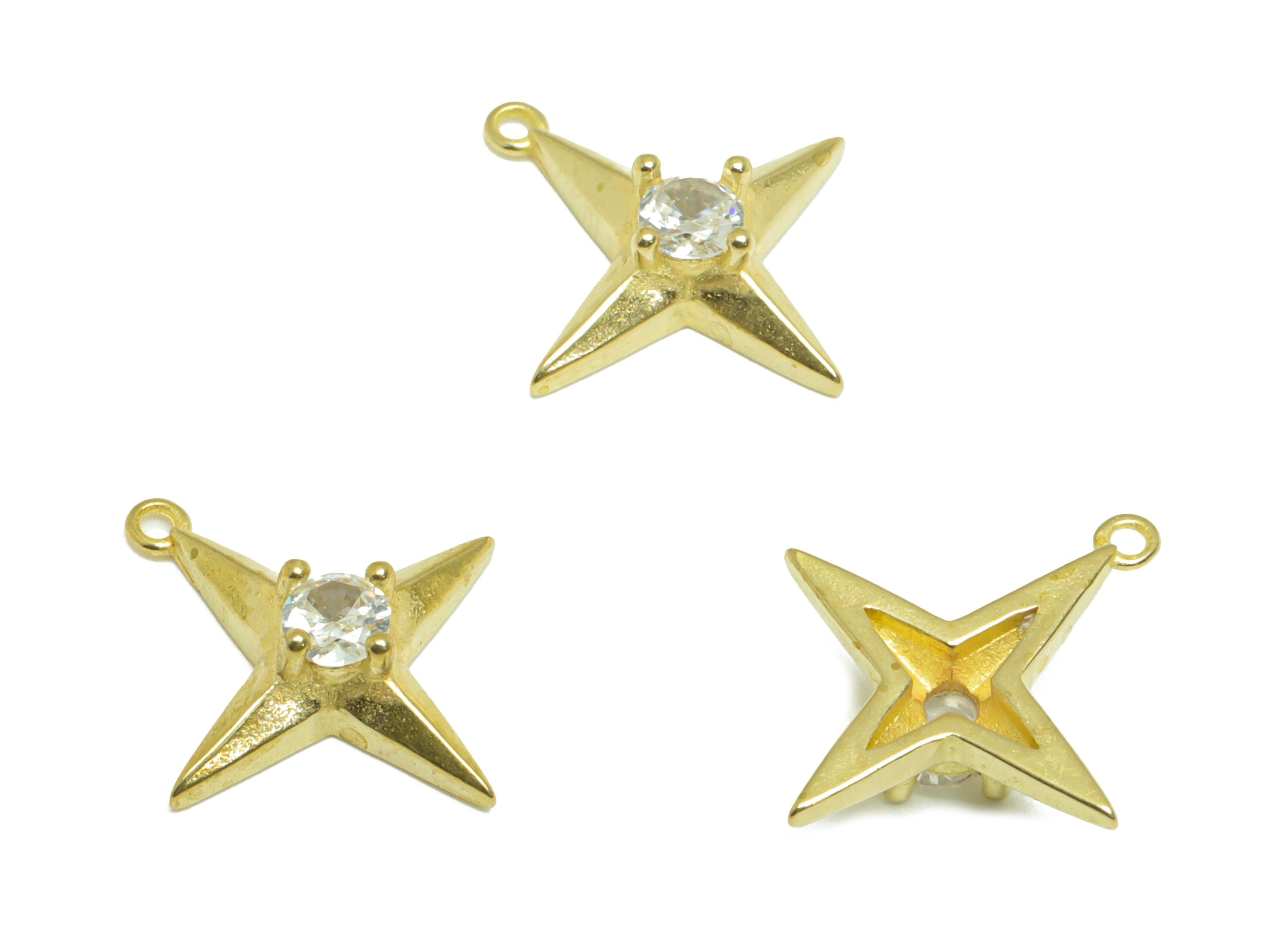 Brass CZ Star Earring Charm - Brass Cubic North Star Earring Pendant - Raw Brass Cubic Zircon Earring Charm - 16.4x14.4x4.5mm - PP9719 - DOMEDBAZAAR