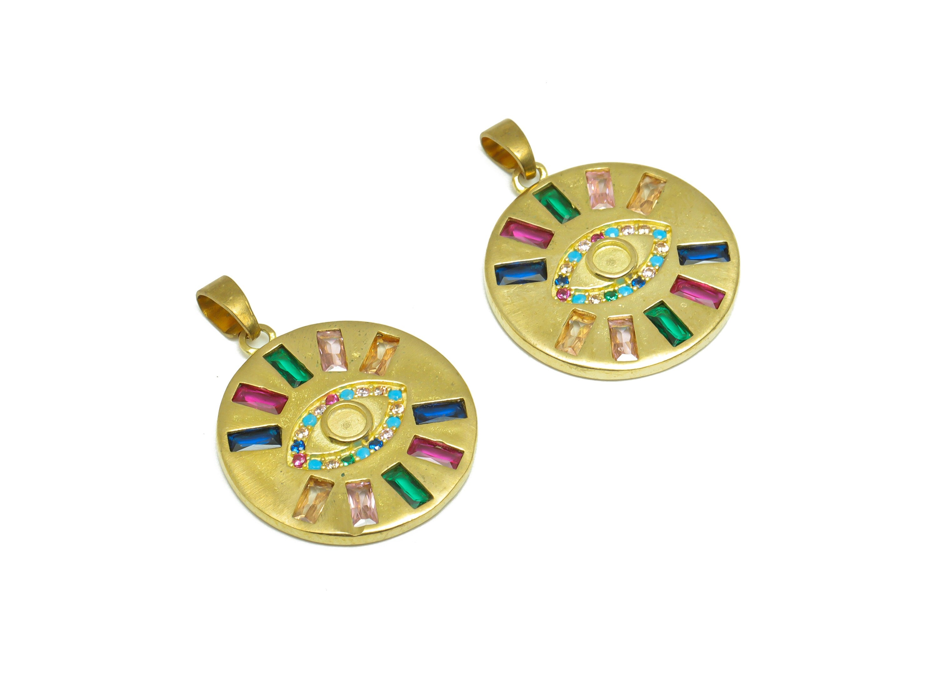 Brass Zircon Round Earring Pendant - Brass Eye Earring Pendant - Raw Brass CZ Rainbow Earring Charm - For Necklace - 25x19x2.53mm -PP9720 - DOMEDBAZAAR