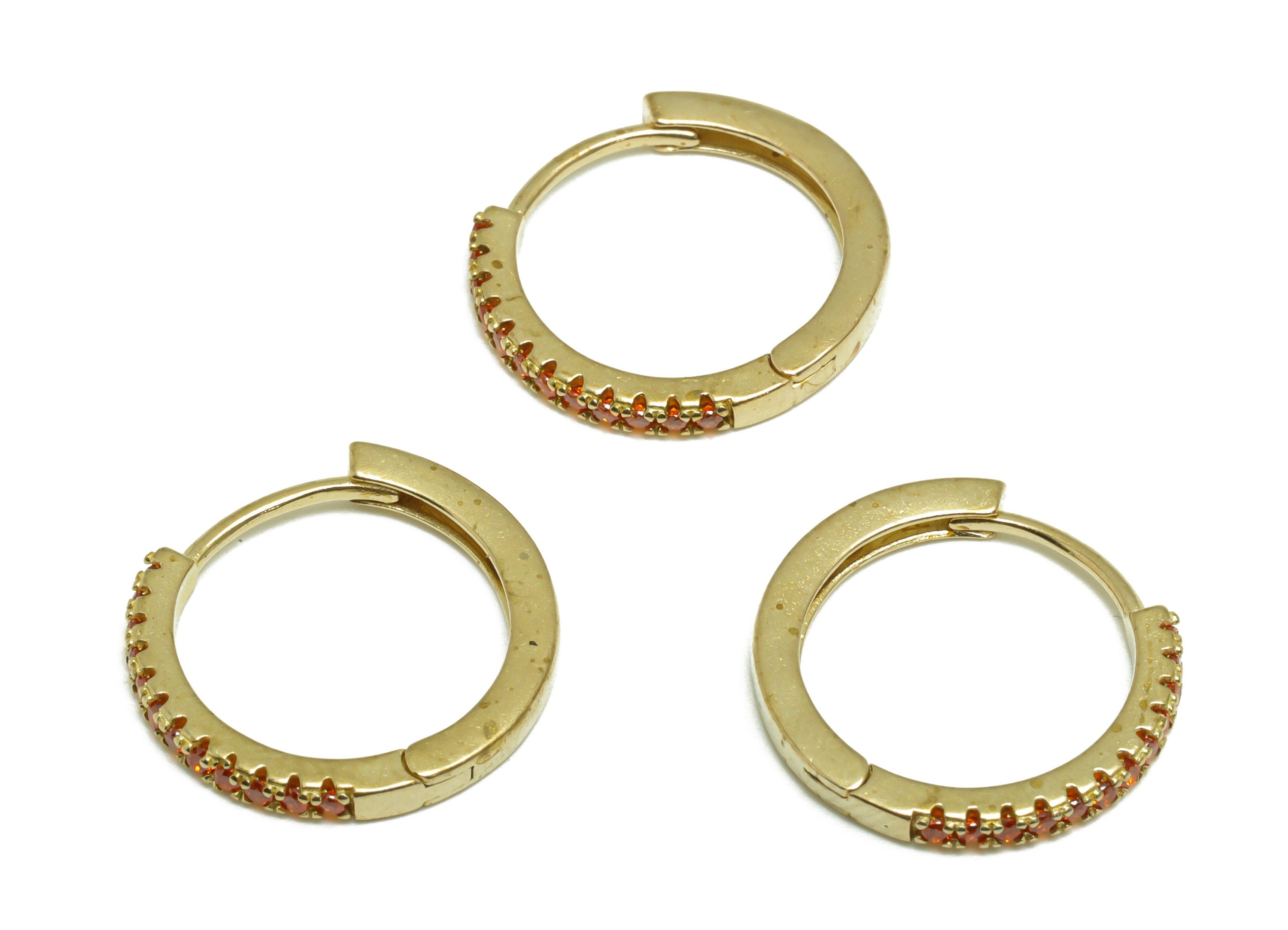 Brass Round Huggie Hoop Earring - Raw Brass Red Cubic Zircon Hoop Wire Earring - Rainbow CZ Zircon Huggie Clasp Earring - 17x16x2mm - PP9802 - DOMEDBAZAAR