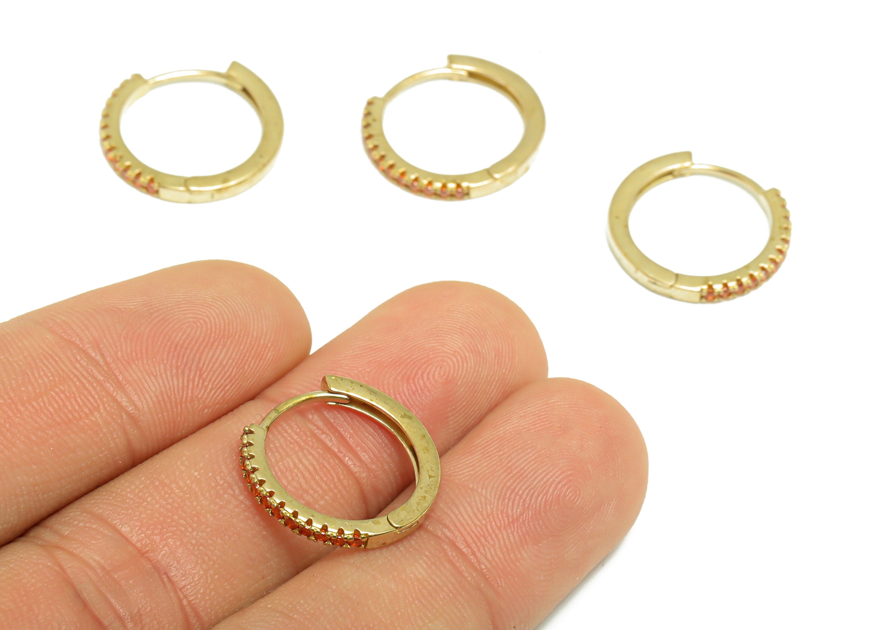 Brass Round Huggie Hoop Earring - Raw Brass Red Cubic Zircon Hoop Wire Earring - Rainbow CZ Zircon Huggie Clasp Earring - 17x16x2mm - PP9802 - DOMEDBAZAAR