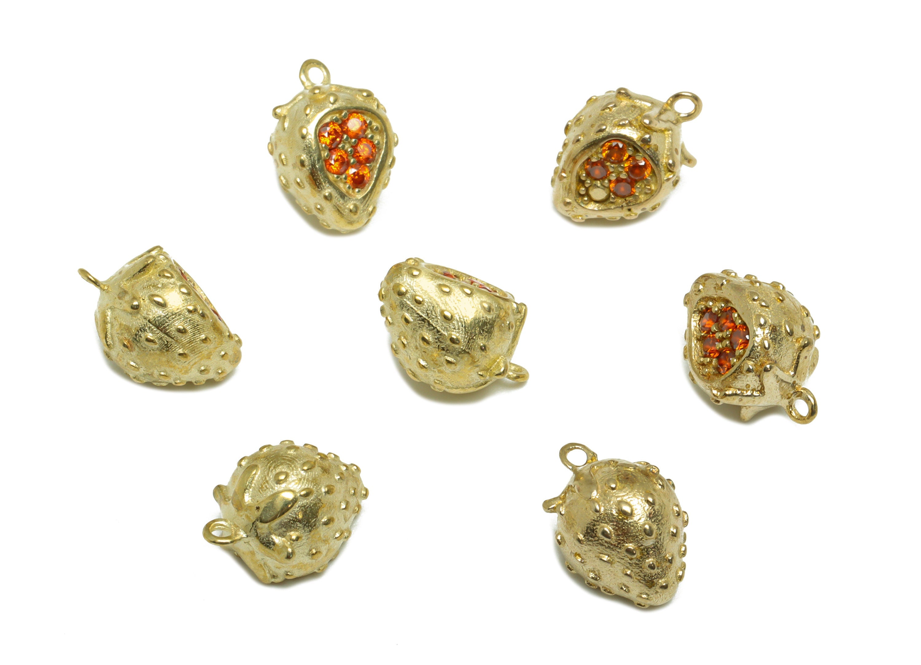 Strawberry Zircon Earring Pendant - Brass Textured Fruit Pendant - Raw Brass CZ Strawberry Charm - Bracelet Charm - 11x7.9x7.14mm - PP9811 - DOMEDBAZAAR