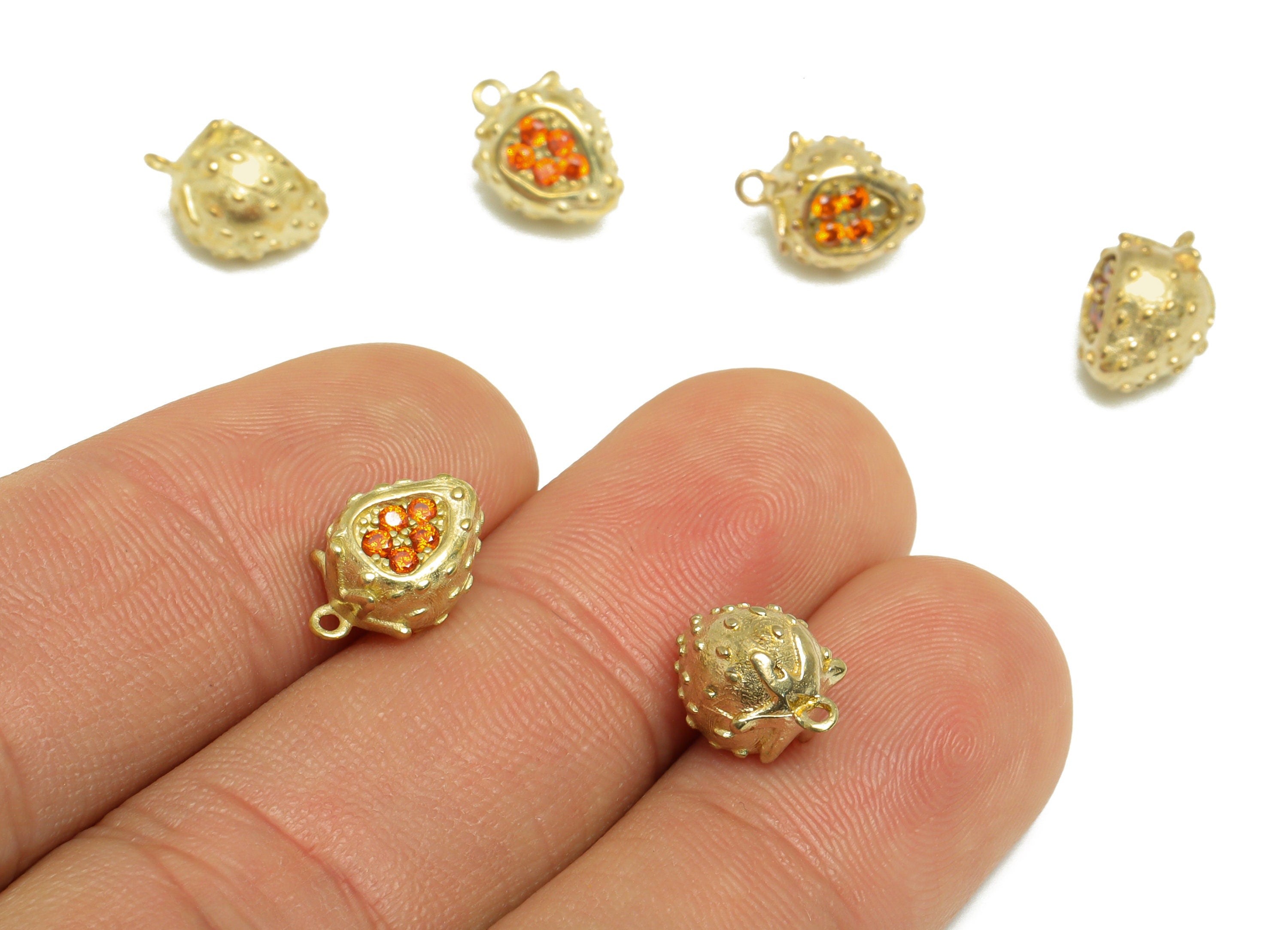 Strawberry Zircon Earring Pendant - Brass Textured Fruit Pendant - Raw Brass CZ Strawberry Charm - Bracelet Charm - 11x7.9x7.14mm - PP9811 - DOMEDBAZAAR