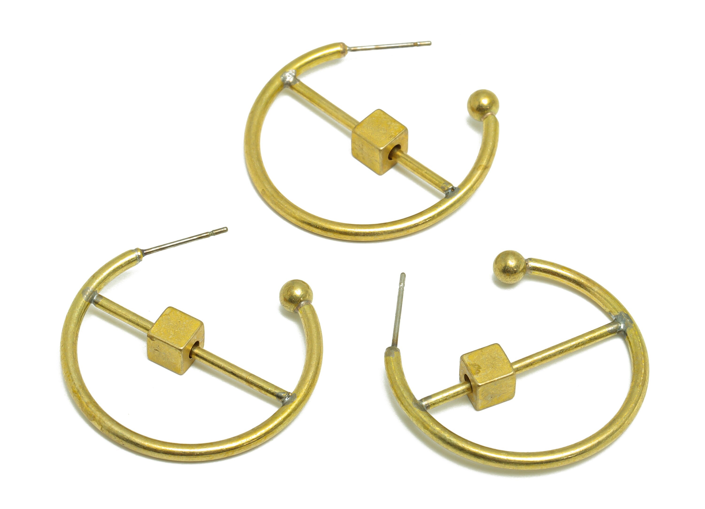 Brass Ball Hoop C Earring - Raw Brass Cube Hoop Earring Post - Brass Open Hoop Earring Post - Hoop Stick Earring Post - 29x30x2mm - PP9944 - DOMEDBAZAAR