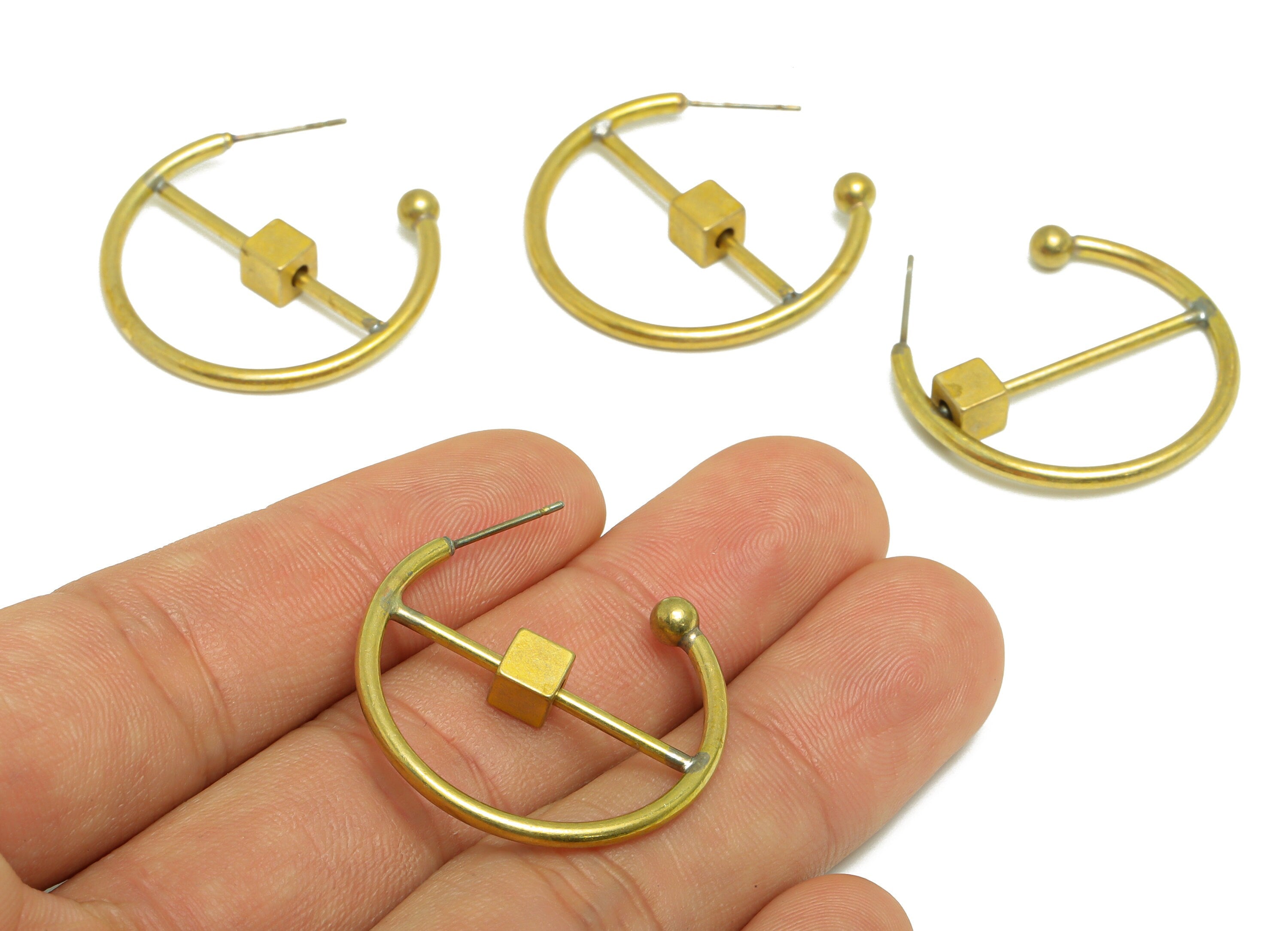 Brass Ball Hoop C Earring - Raw Brass Cube Hoop Earring Post - Brass Open Hoop Earring Post - Hoop Stick Earring Post - 29x30x2mm - PP9944 - DOMEDBAZAAR